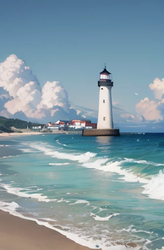 A lighthouse is depicted in the distance on a beach with gently lapping waves.