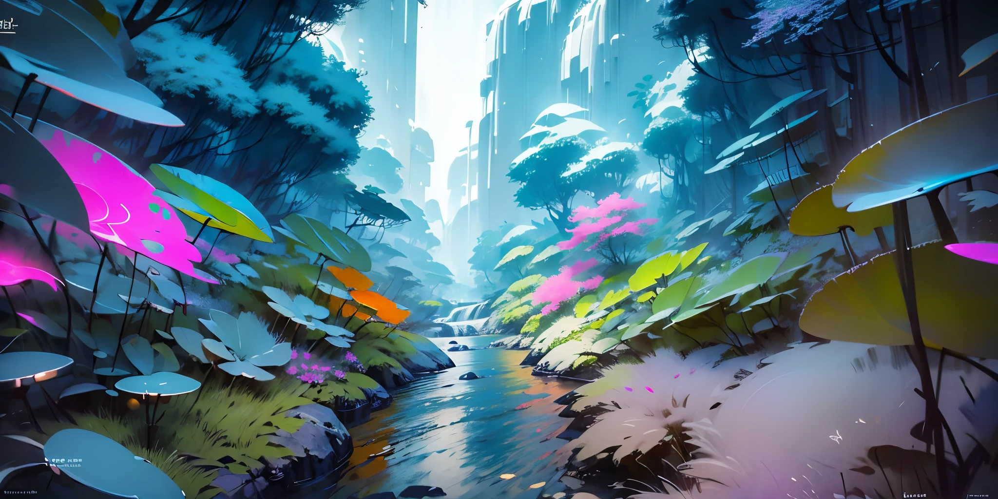 Dessinez un poster d'un village, dans le style lofi, décoration féérique, cascade de lumière, grotte, stalagmites, stalactites, champignon, cristaux, la nuit, belle palette de couleurs varié, couleurs saturées vibrantes, œuvre d'art, aucun humain, thème lumineux.