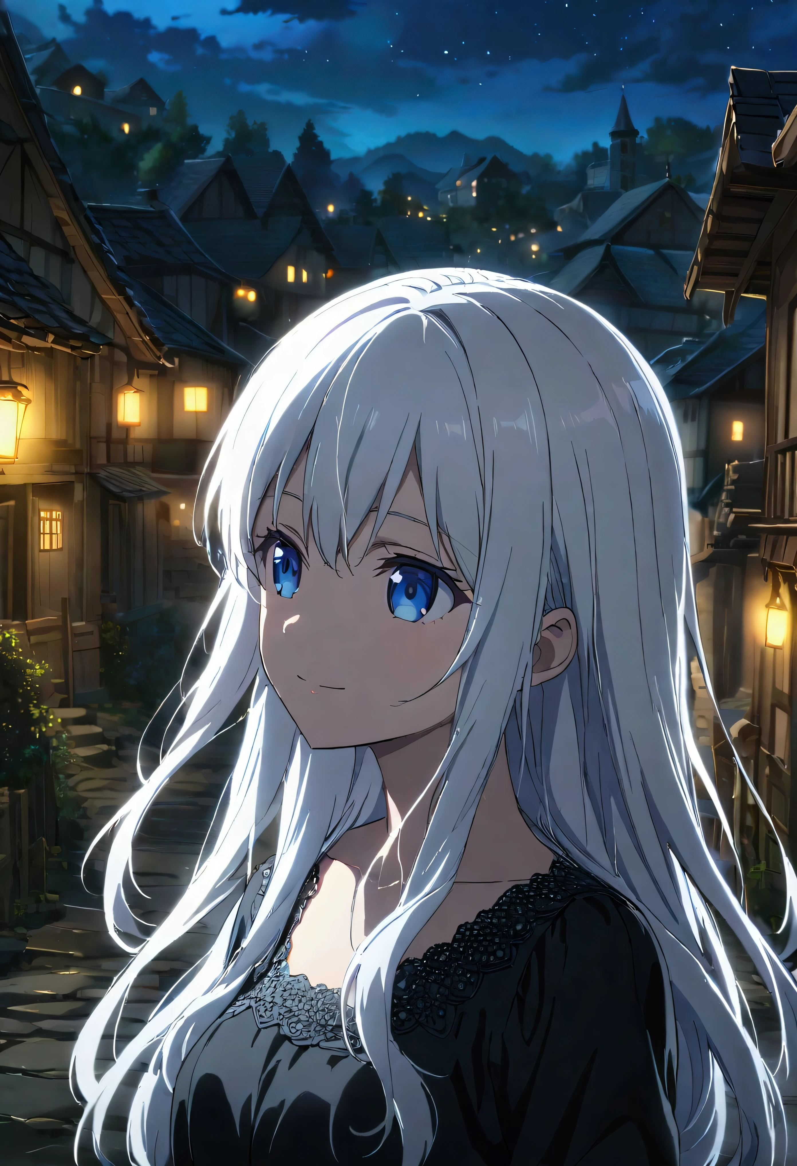 ((beautiful girl)), ((black long-sleeved dress)), white hair, shoulder-length hair, blue eyes, light smile, night, village, anime, detailed lighting, UHD, edge lighting 