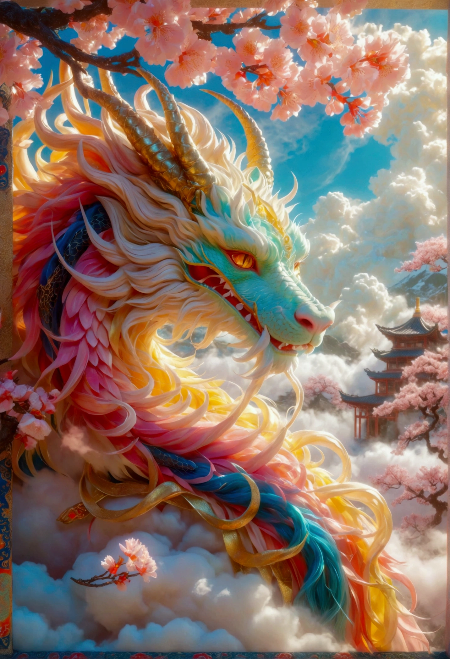 Dragon sleeping on clouds, translucent glass brush, Sakura and gold style, anime aesthetics, furry art, pink, elaborate, 3d, C4D rendering, 8k, super high detail, Bright colors,Bright,Ultra high saturation,rgb, Colorful),(High contrast:1.5),(whole body:1.8), magazine photography,Popular on social platforms,((Dopamineism)),(((Dopamine color matching))),Dopamine,(in the style of Y2K),Luo Erchun,Three-dimensional ancient style,Oriental poetry and painting