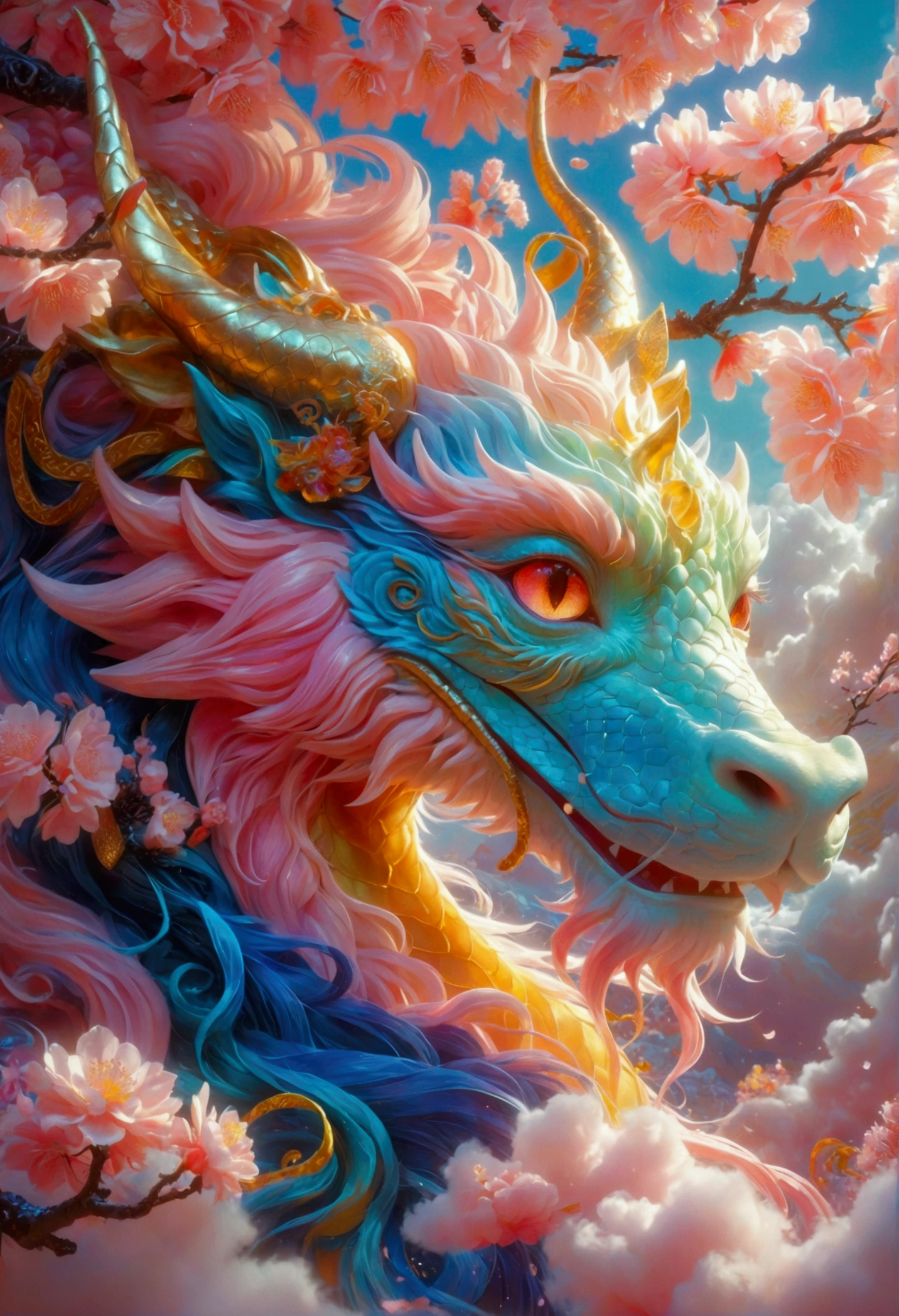 Dragon sleeping on clouds, translucent glass brush, Sakura and gold style, anime aesthetics, furry art, pink, elaborate, 3d, C4D rendering, 8k, super high detail, Bright colors,Bright,Ultra high saturation,rgb, Colorful),(High contrast:1.5),(whole body:1.8), magazine photography,Popular on social platforms,((Dopamineism)),(((Dopamine color matching))),Dopamine,(in the style of Y2K),Luo Erchun,Three-dimensional ancient style,Oriental poetry and painting
