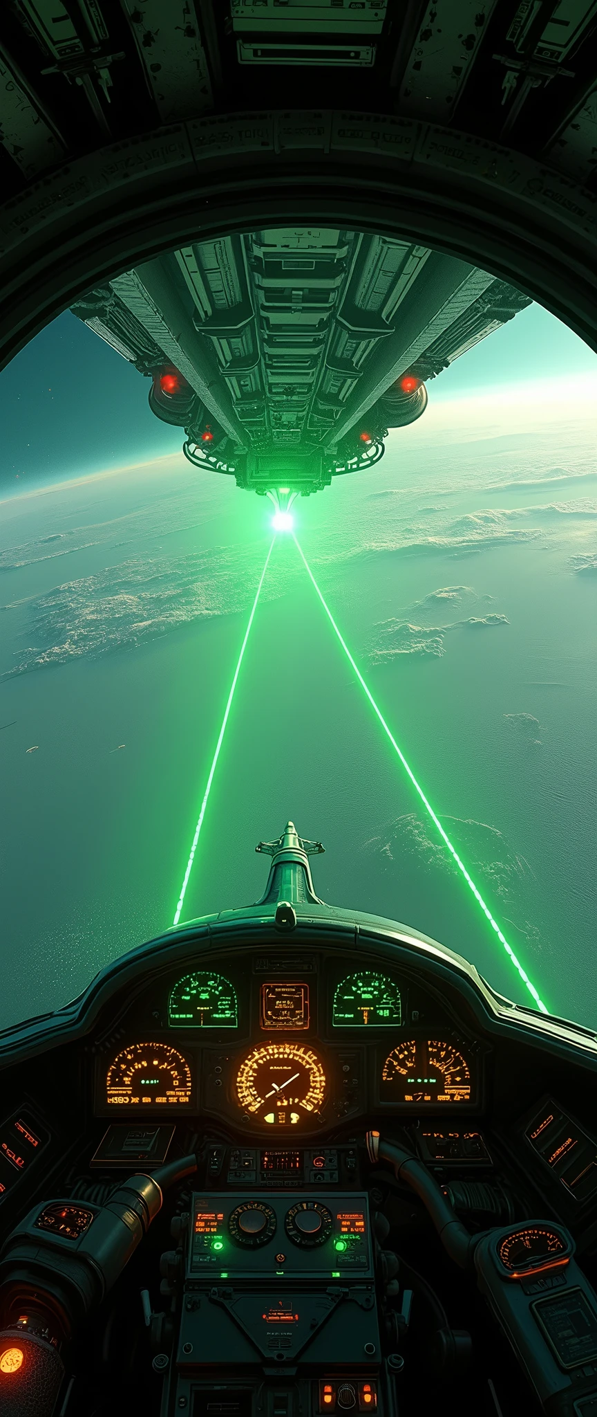 (masterpiece:1.2,Distinguished Quality,Mirror-like,Cinematic Experience),8k,wallpaper,View from the cockpit of a space fighter,Depiction of landing scene on the mothership,(Landing on the mothership's space carrier launch and recovery catapult:2.0),(Landing guidance lights extending from the carrier:2.0),(Guidance lights are displayed as green dotted lines:2.0),(Cockpit drawing:2.0),dynamic