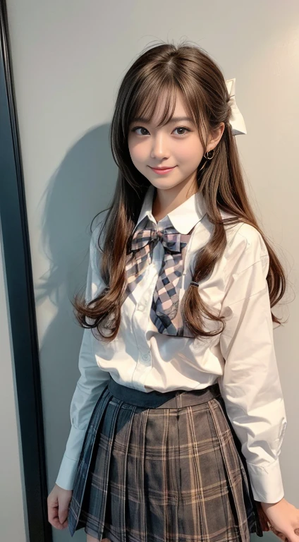 8k, Tabletop, RAW Photos, Highest quality, Realistic, 非常To精細なCG Unity 8k壁紙, Depth of written boundary, Cinematic Light, Lens flare, Ray Tracing, (非常To美しい顔, Beautiful Lips, Beautiful Eyes), Exquisitely detailed face, ((非常To詳細な肌)) One person少女, In the Dark, Deep Shadow, Cute Korean Girl, ((View your viewers)), (誘惑的なsmile), (Blurred Background), Earrings, bracelet, To, Clear Eyes, A walk in the park, Front shot, Look forward, (Big eyes), ((Schoolgirl uniform:1.5)), (White shirt、A bow tie、Checkered Pleated Skirt:1.3)、(Camel Toe, shape), (Brown Hair:1.3), (ponytail), (G size bust:1.3), ((smile)), ((Camel Toe)),Full Body Shot、Shoes are black loafers、Full Body Shot、One person, High resolution, 解剖学的To正しい, Highest quality,