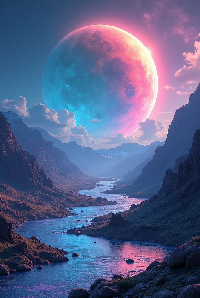 : The planet’s surface showcases a vivid, ever-changing palette. Ground colors range from neon gradients like blues blending into pinks or shifting greens and golds. The atmosphere has an opalescent sheen that reflects different colors depending on the angle of light in the space