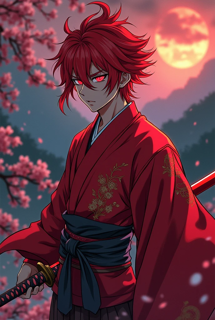 Classic anime style, demon slayer, ufotable studios, red haired, red eyes, red katana, male, demon slayer outfit with a red haori