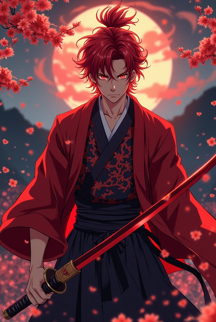 Classic anime style, demon slayer, ufotable studios, red haired, red eyes, red katana, male, demon slayer outfit with a red haori