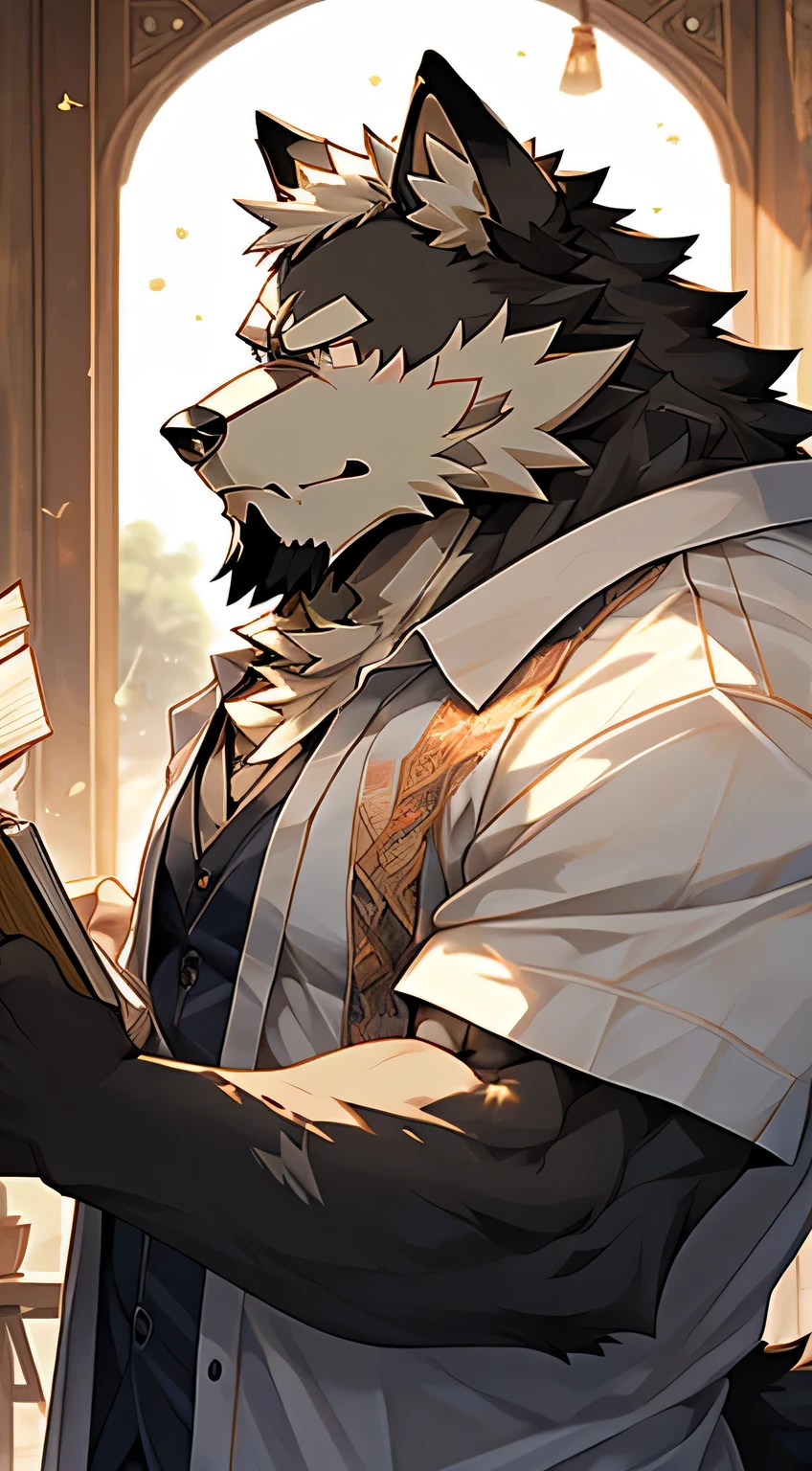 masterpiece, best quality, 8K resolution, Very detailed, hairy, Perfect anatomical structure, Light Particles,black Wolf, solitary, Vertical pupil,Eye, Strong, (Eye anthro wolf):1.3, (Black fur 1.4), White belly, Fur, Delicate Eye, Wolf tail, ((portrait)), , (Delicate Eye, 金Eye, Bright Eye):1.1, The Art of Mathematics, masterpiece, Anime style, shabby, muscular, uncle, Messy beard, middle aged, old, teacher, Book in hand, shirt