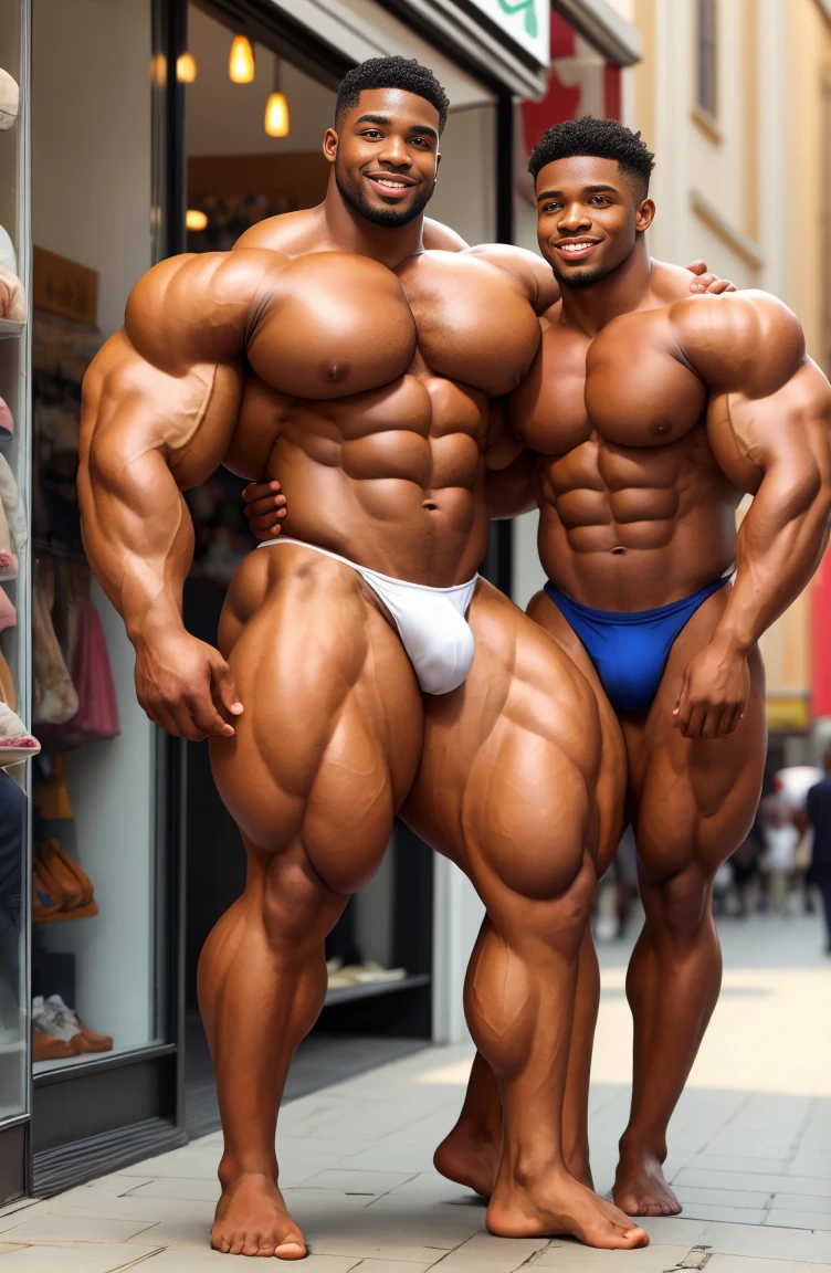 A tall muscular Nigerian 40 year old father and his two small Nigerian age sons next to each other. Embracing each other in front of a shop in a busy street with men in the background. Huge and wide Muscular bodies, Wearing small thongs. Big ass. Smooth body and face. long legs. barefoot, big bulge in thong, high detail face. show full height, full body view, same hight point of view. show full height from toe to head. Huge protruding female and huge swollen nipples, thick neck, fat ass, huge bubble butt, soft muscles, realistic,