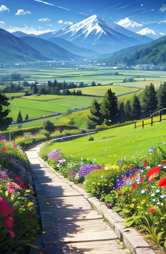 A path winding through colorful flowers with distant mountains in the background