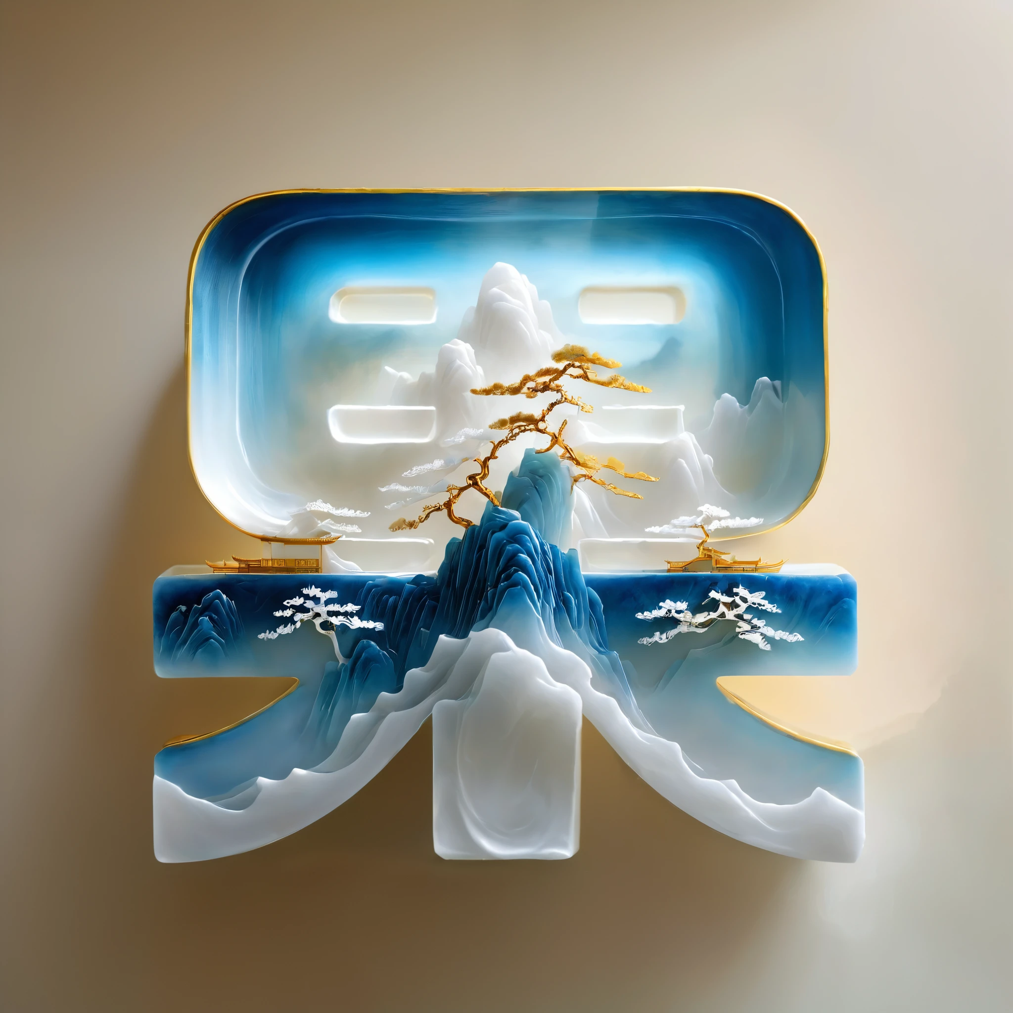 Micro landscape pattern carved on blue and white porcelain vase，Translucent glass material,Blue-white gradient,Traditional Chinese landscape painting,Abstract shapes,Minimalism,cave，3d。water vapor，White mist，Thick fog，