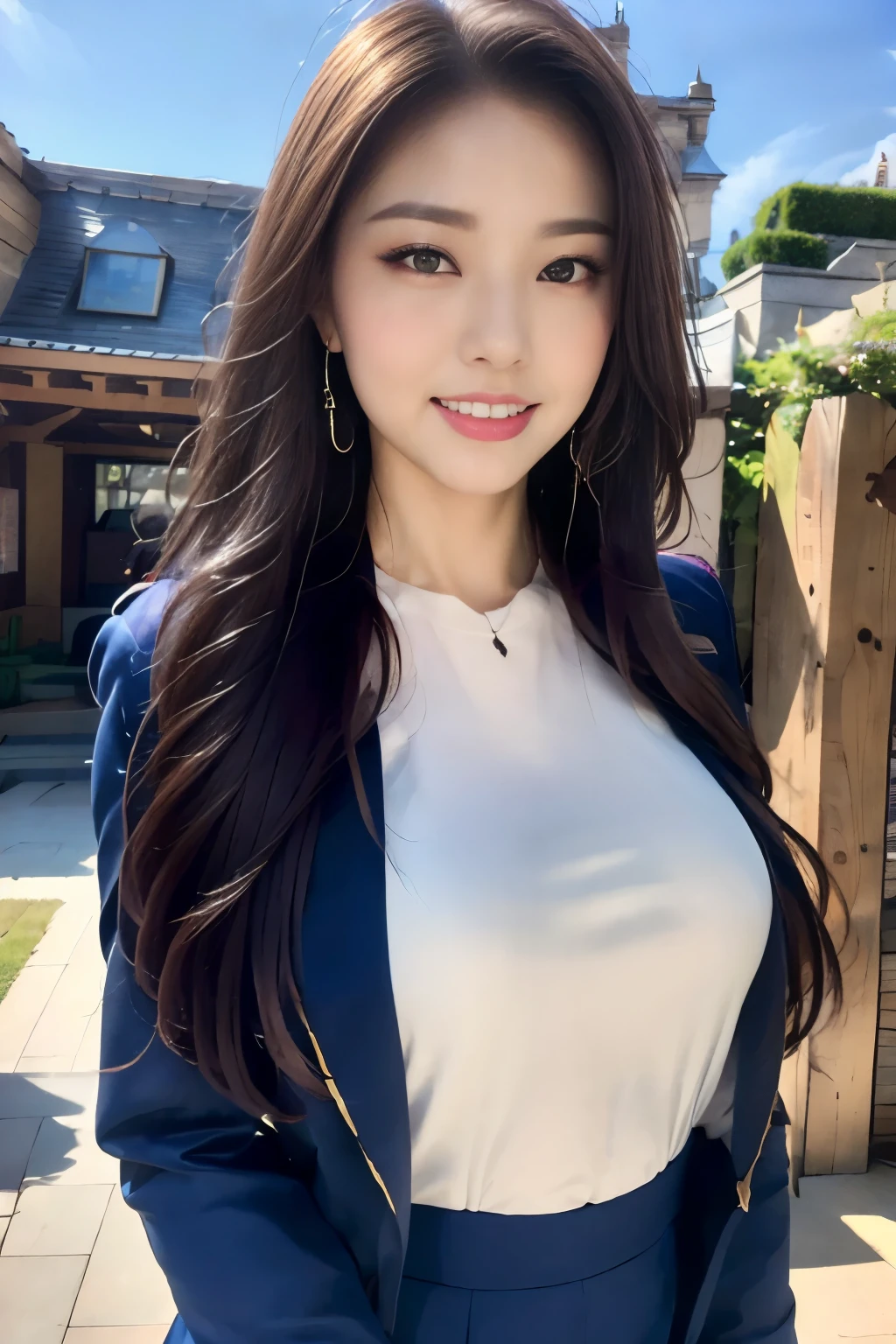 ((Highest quality, 8k, masterpiece :1.3)),Female lawyer,outside,Tokyo Disneyland,Cinderella Castle,squirt,(Full Body Shot),A very loving smile:1.2,Saggy breasts,Beautiful pose,Looking into the camera,Red lipstick:1.2,Dark lipstick:1.2, double eyelid,Navy blue mini skirt,(White blouse),(masterpiece: 1.3), (Maximum resolution: 1.4), (Ultra-high resolution: 1.2), Cinematic Light, Ultra-high resolution, Detailed eyes and skin, 8k resolution, Perfect Style, Beautiful expression,Highly detailed face,Glossy Lips:1.2,Straight Hairstyles,Look forward,(Navy blue jacket),Very tall,blue sky