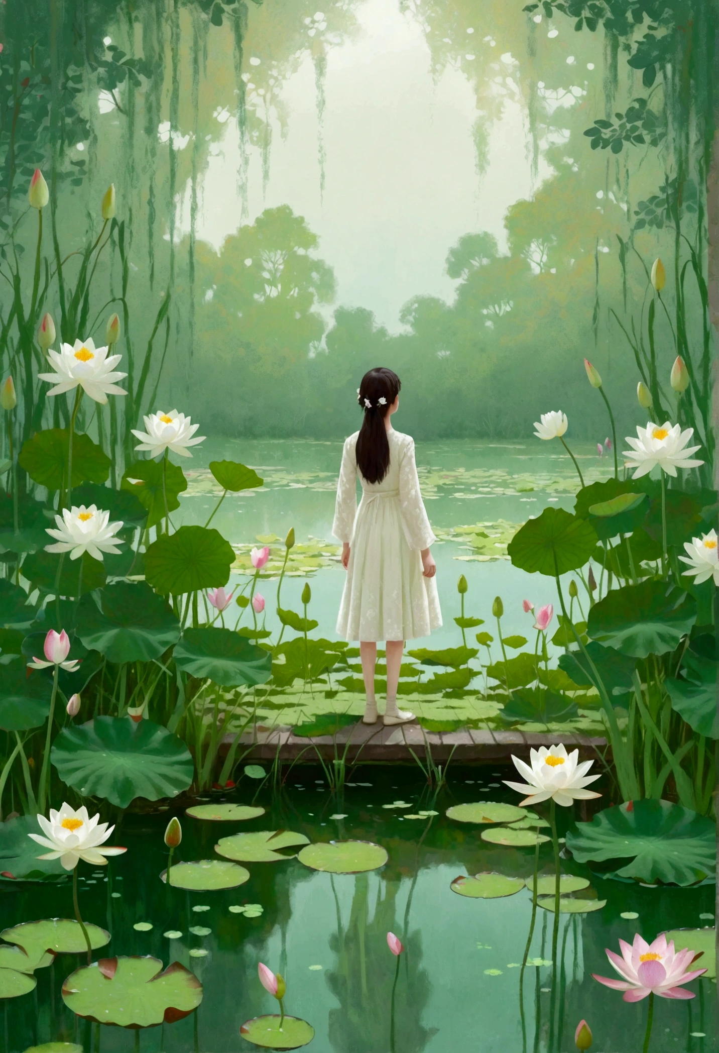 Off-white background, a  standing on the edge of a pond surrounded by water lilies and flowers, off-white background, light green color scheme, children's book illustration style, flat painting style, lots of white space, minimalism, ultra HD