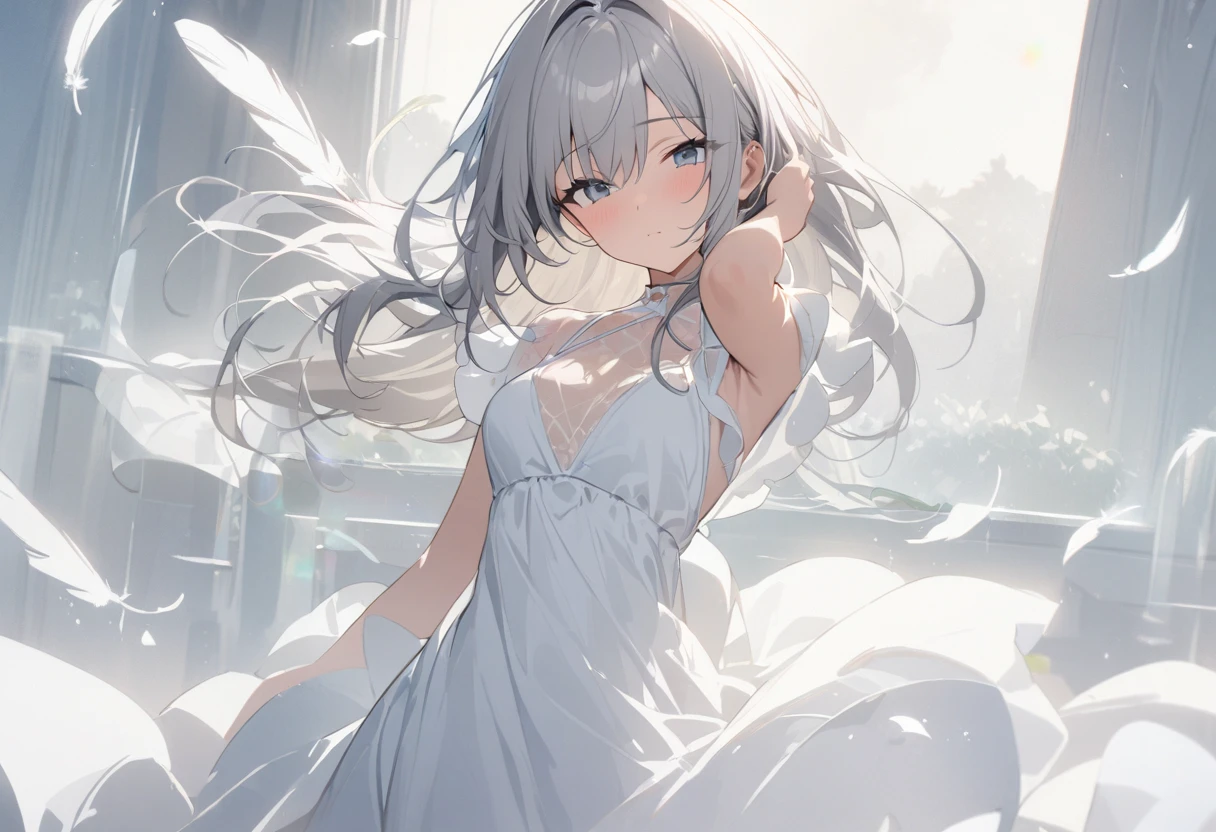 (A girl playing a white translucent grand piano)、Gray Hair、close your eyes、White Dress、A refreshing grassland、White feathers are scattering、Masterpiece、Medium Shot、looking at viewer