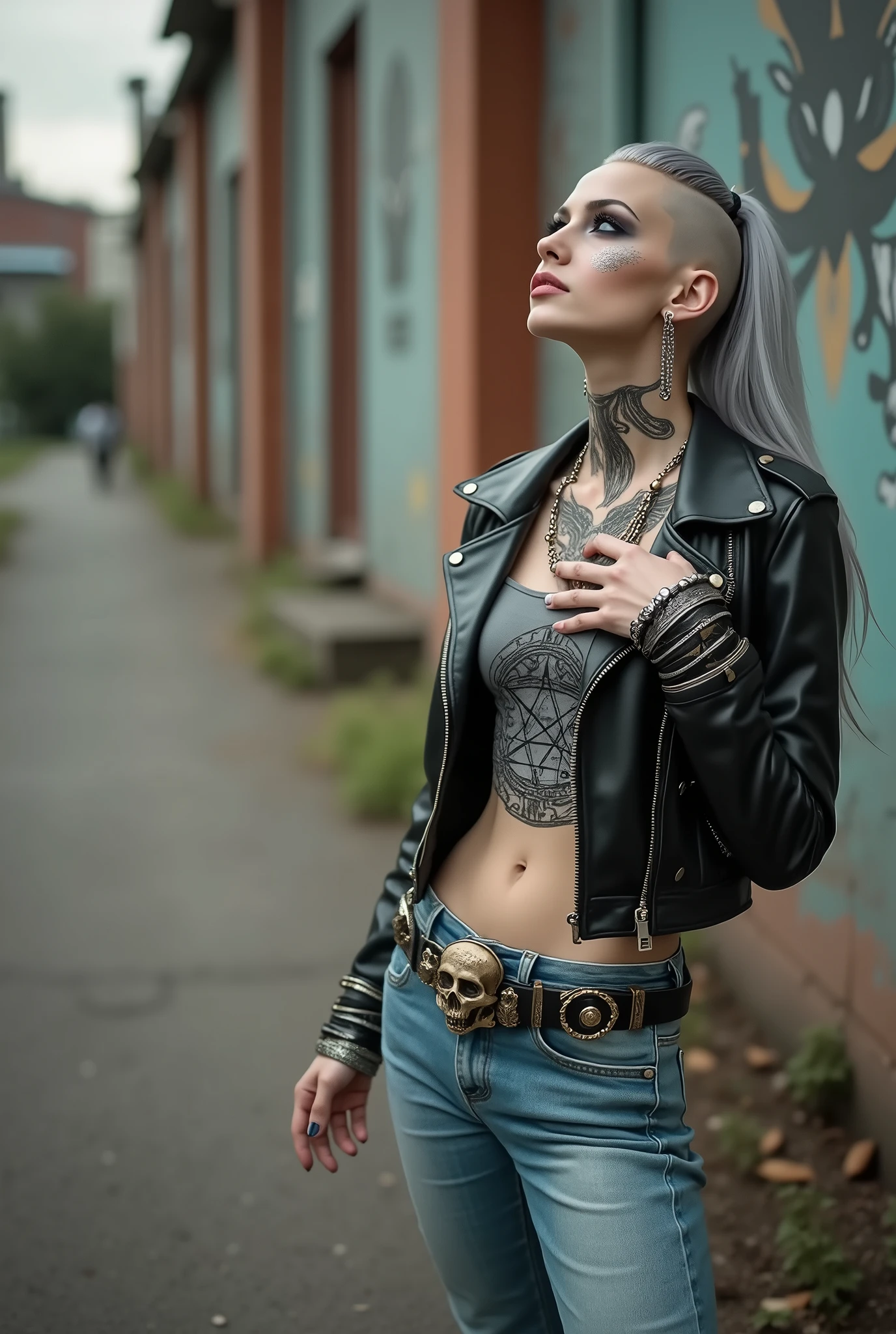 russian old milf woman, biker gang member, long grey hair with shaved sides, longer in the back of the head, with very light blue eyes, extremely pale, heavy eye shadows. Thin. Sad, humbled face, smeared excessive make up and smeared excessive dark red lipstick Wearing cropped black moto jacket, black cropped tank top with pentacle logo, skinny blue jeans and white tennis sneakers. Lots of metallic bracelets. Tacky wide belt with massive skull and bones buckle . Both hands cover her chest. Demonic tattoos. Lots of rings. Wide loop earrings. Looks up with amazement because she thinks God is talking to her, mouth and eyes open.