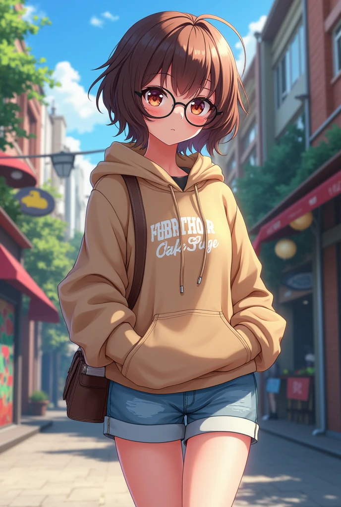 Anime style, teenage Femboy with brown hair and circle glasses. Wearing a hoodie and short shorts. Wearing converse hightop shoes.