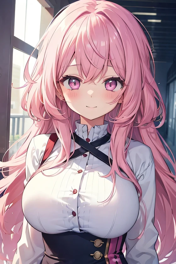 girl, cute anime girl, smile, pink hair, long hair, messy hair, pink eyes, blushing, girl, big tits, beautiful hair style, (((Best Quality: 1.4)))
