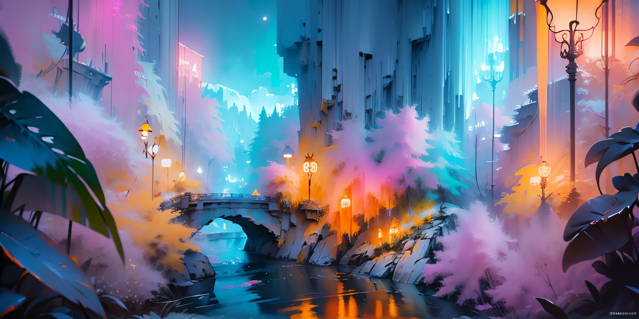 Dessinez un poster d'un village, dans le style lofi, décoration féérique, cascade de lumière, grotte, stalagmites, stalactites, champignon, cristaux, la nuit, belle palette de couleurs varié, couleurs saturées vibrantes, œuvre d'art, aucun humain, thème lumineux.