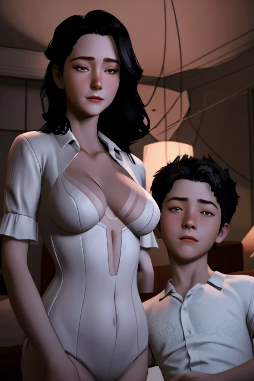 Hyper-realistic scene of incest mom and son in the bedroom, mom standing in front of her son showing her lingerie, son sit in the chair watching his mother body, mom face is flushing, 8k, cinematic light, realistic photo, octane rendering, centered, Masterpiece, 35mm,