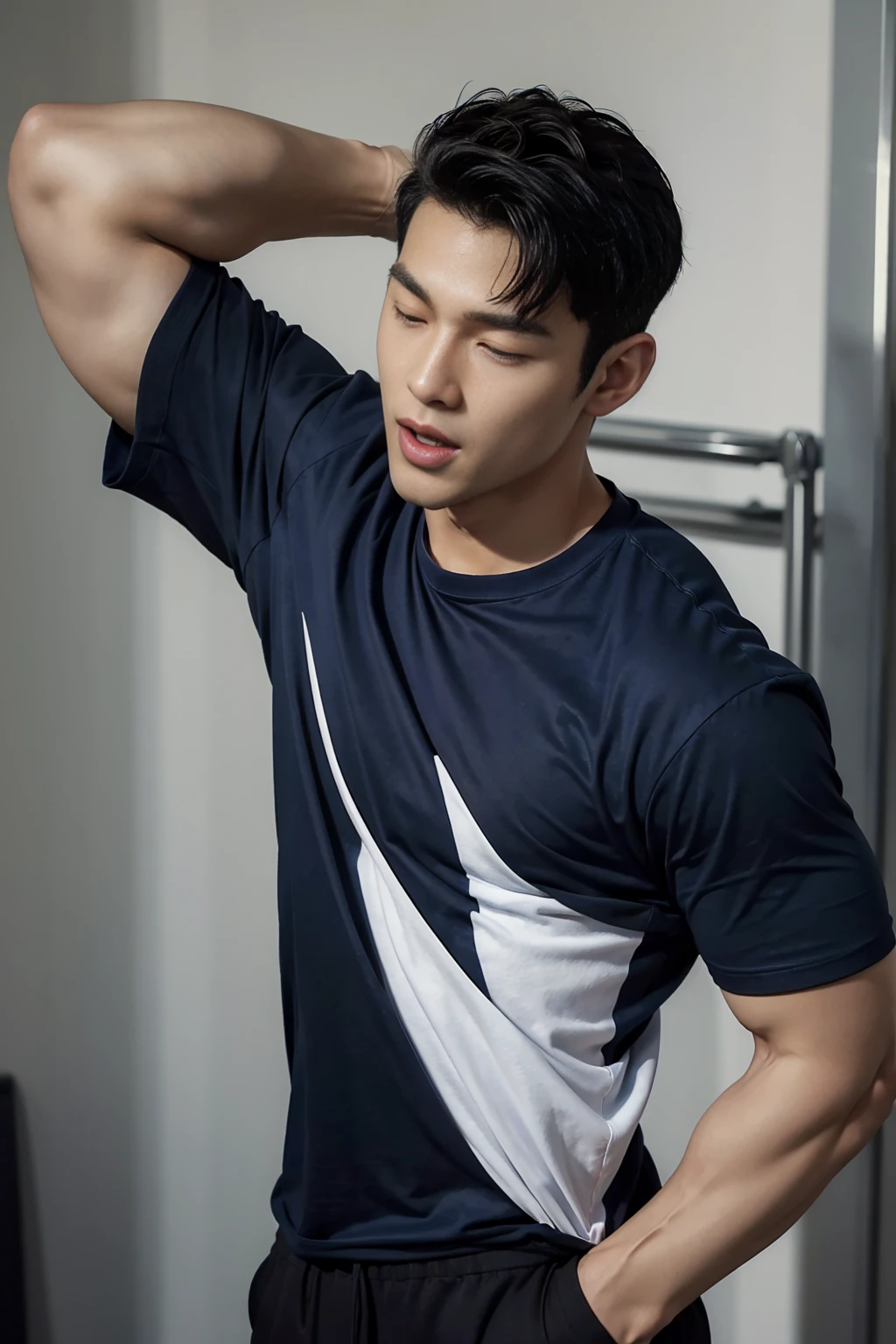 (Create a masterpiece: 1.2),(CGI art:1.3),(realistic:1.5),(After processing:1.3), (Sharp focus:1.3), 1 man, open mouth, smile, (Navy blue round neck t-shirt:1.3), Navy cargo pants, Korean guy , korean men, (High gloss details), chest muscles, large arm muscles, blood vessel, Big muscles, Broad shoulders, looking at the audience, Balancing the eyes, bedroom, Close your eyes.,(open mouth:1.1)