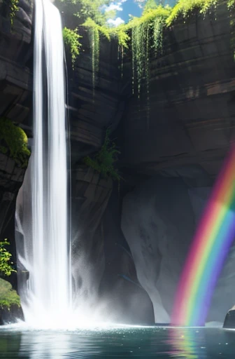 The moment when a rainbow appears over a large waterfall, the water reflects the light and sparkles.