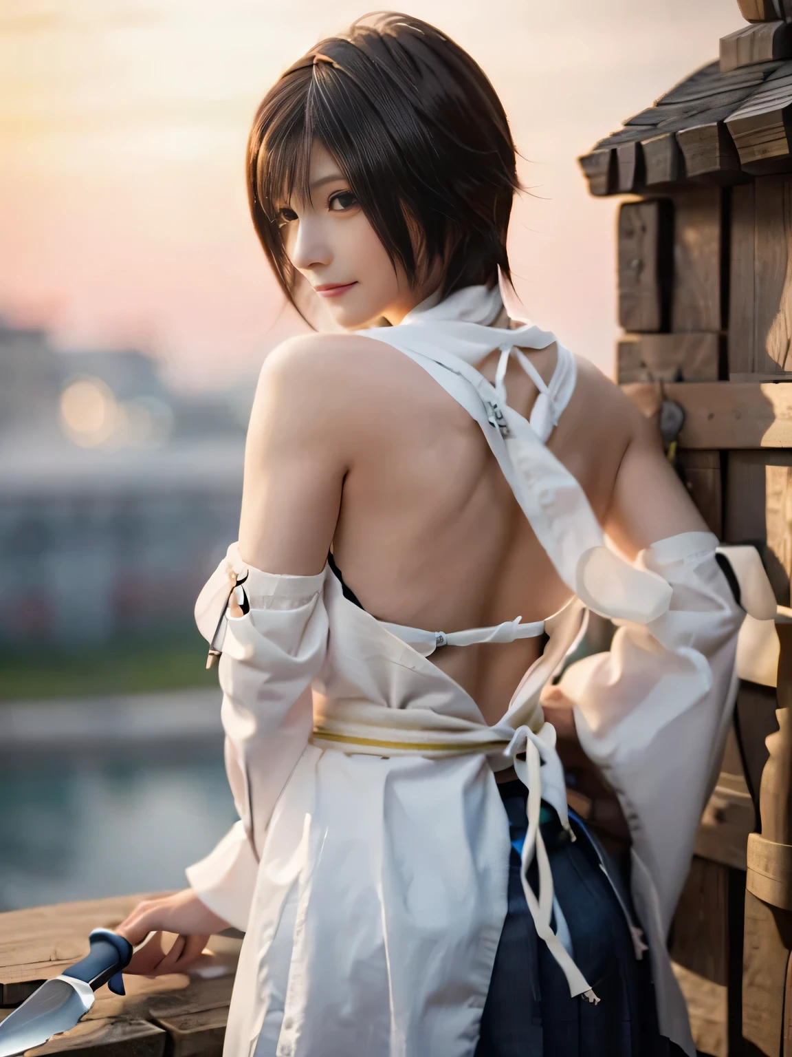 20 year old Japanese beauty，One woman、Muscular body like a bodybuilder、Emphasize the breasts、Slit eyes、A head-to-toe view，Bust is very very large、The background is a medieval European kitchen、High quality photos、Clear, crisp images of the lower body、Masterpiece 8k、Smiling、He is peeling an apple with a knife.、From the front, from the side, from the back, etc.々from what camera angle to shoot、FF10 Yuna's outfit、