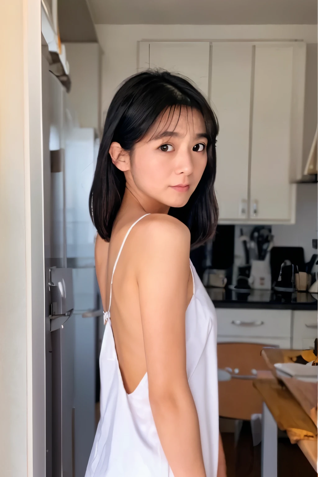 Back view of a skinny Japanese woman, 30-years-old, standing at a kitchen. She has small breasts and thin waist, a cute face and black hair, detailed face, detailed eyes. She is wearing only a full apron on nude.