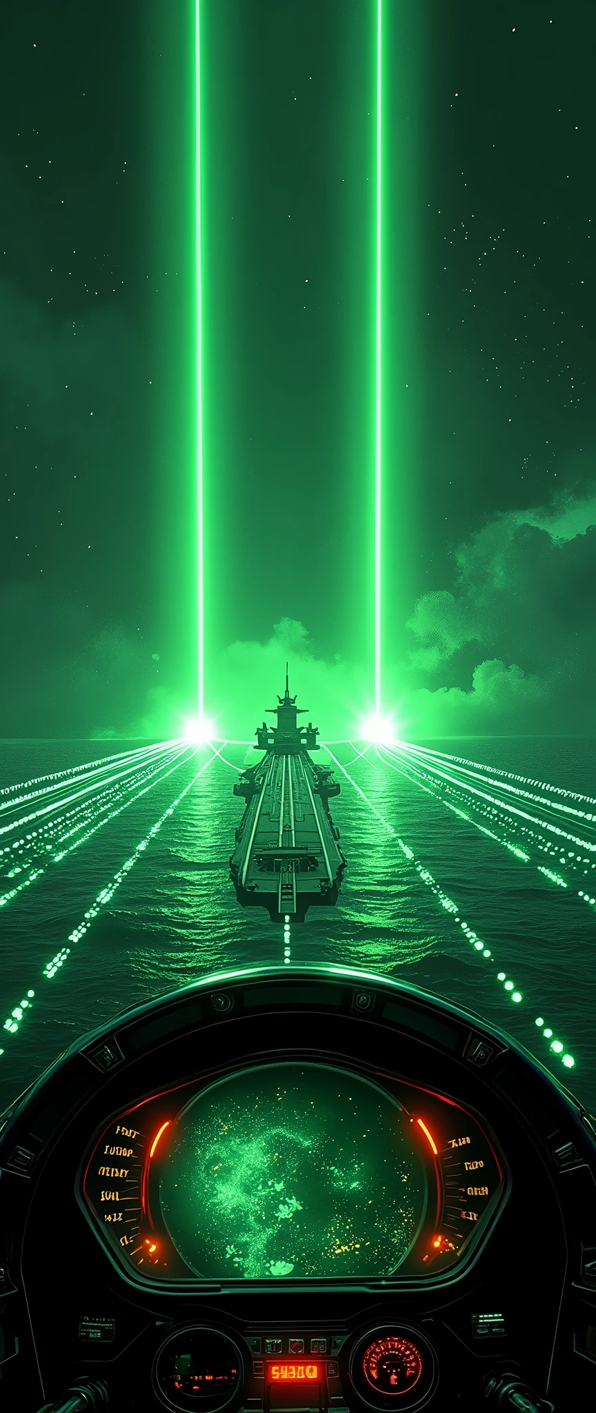 (masterpiece:1.2,Distinguished Quality,Mirror-like,Cinematic Experience),8k,wallpaper,View from the cockpit of a space fighter,(Landing on the mothership, the space carrier:2.0),(Mother ship launch and recovery catapults 2.0),(The light guiding lights are extending from the aircraft carrier:2.0),(Drawing of the landing catapult deck:2.0),(Guidance lights are displayed as green dotted lines:2.0),(Cockpit drawing:2.0),dynamic