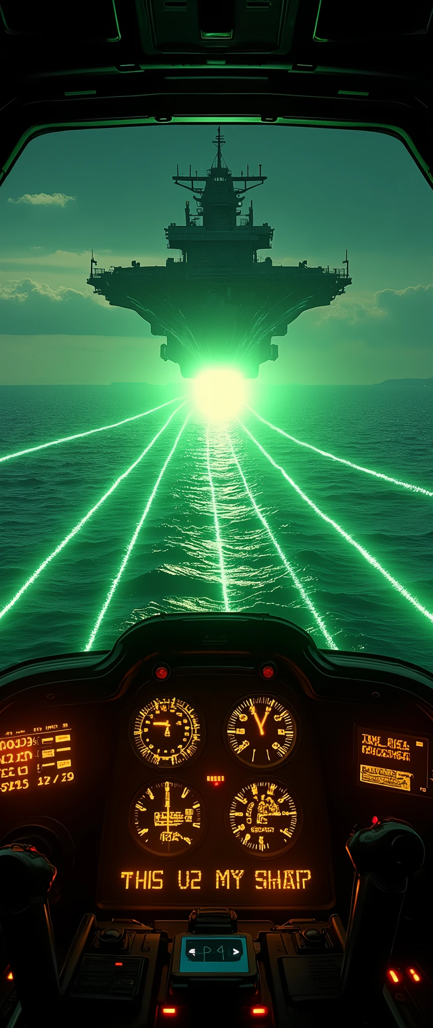 (masterpiece:1.2,Distinguished Quality,Mirror-like,Cinematic Experience),8k,wallpaper,View from the cockpit of a space fighter,(Landing on the mothership, the space carrier:2.0),(Mother ship launch and recovery catapults 2.0),(The light guiding lights are extending from the aircraft carrier:2.0),(Drawing of the landing catapult deck:2.0),(Guidance lights are displayed as green dotted lines:2.0),(Cockpit drawing:2.0),dynamic