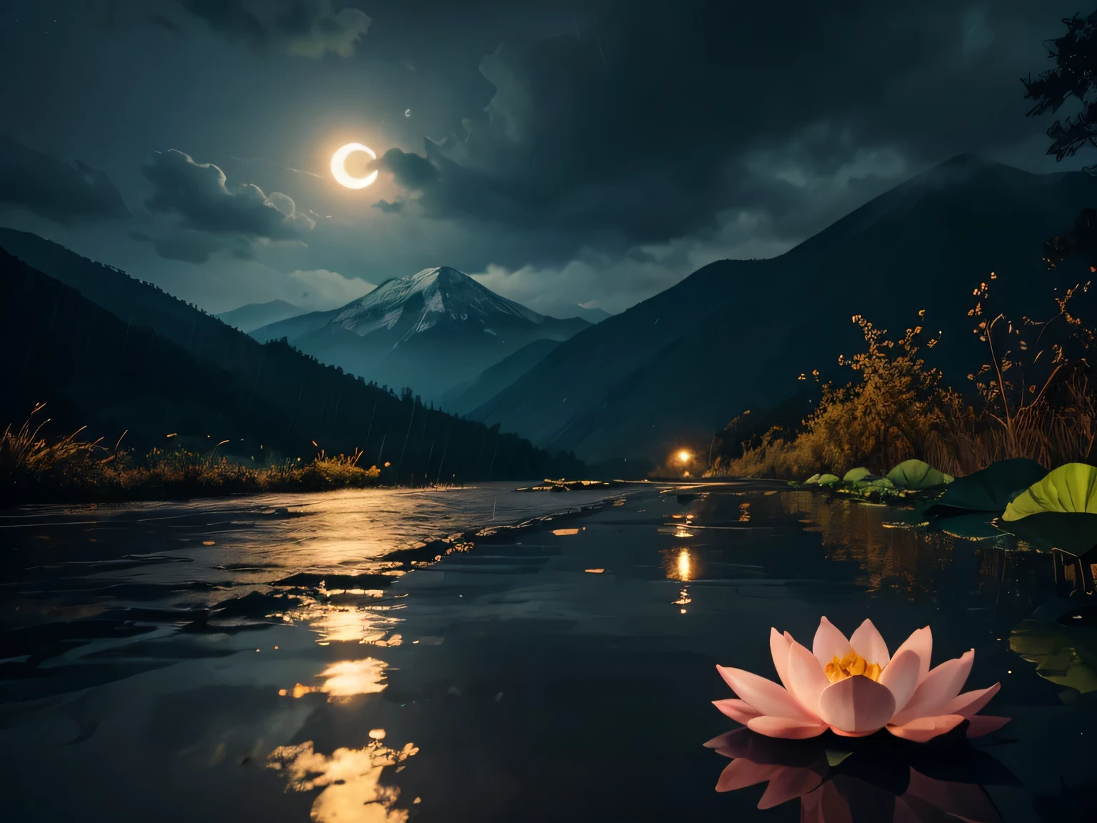 natta, Only moonlight illuminates, Meniscus, mountain in the distance, Beautiful big lotus nearby, Big red lotus, There is running water next to it, frogs, Summer is full of joy, The crescent moon and stars in the sky are mixed together, amazing wallpapers, raining night, rainy night, Beautiful and beautiful, cinematic ligh, high detal ((heavy rain poured))), 8K