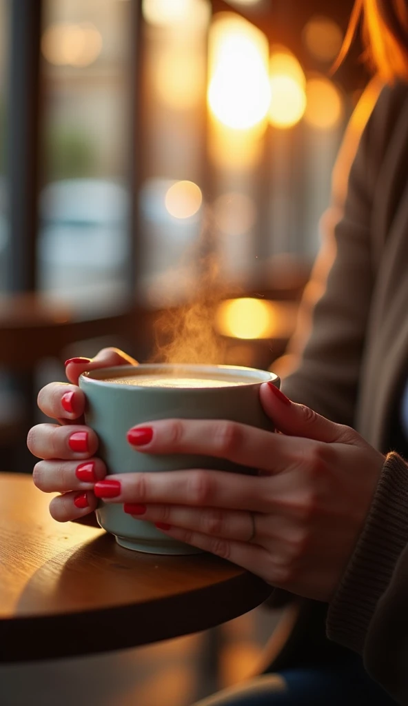 front view, close up of a woman's hands holding a cup while sipping the coffee, nails painted red