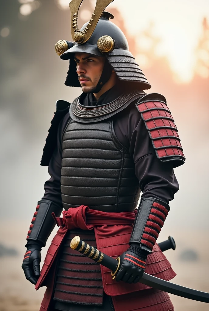 トムクルーズ主演の映画The Last Samuraiをオマージュして、The Last Samurai, alone、(Departing into the morning mist of dawn)、Blur the background、Wearing new, beautiful armor with a black base and red threatening accents.、A sense of tragedy and tension、(Highest quality、masterpiece)、4K、