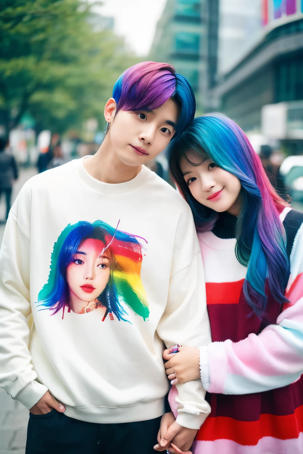 rainbow color hair,Korean girl,Personalized clothing,artistic image,Boyfriend love scenario