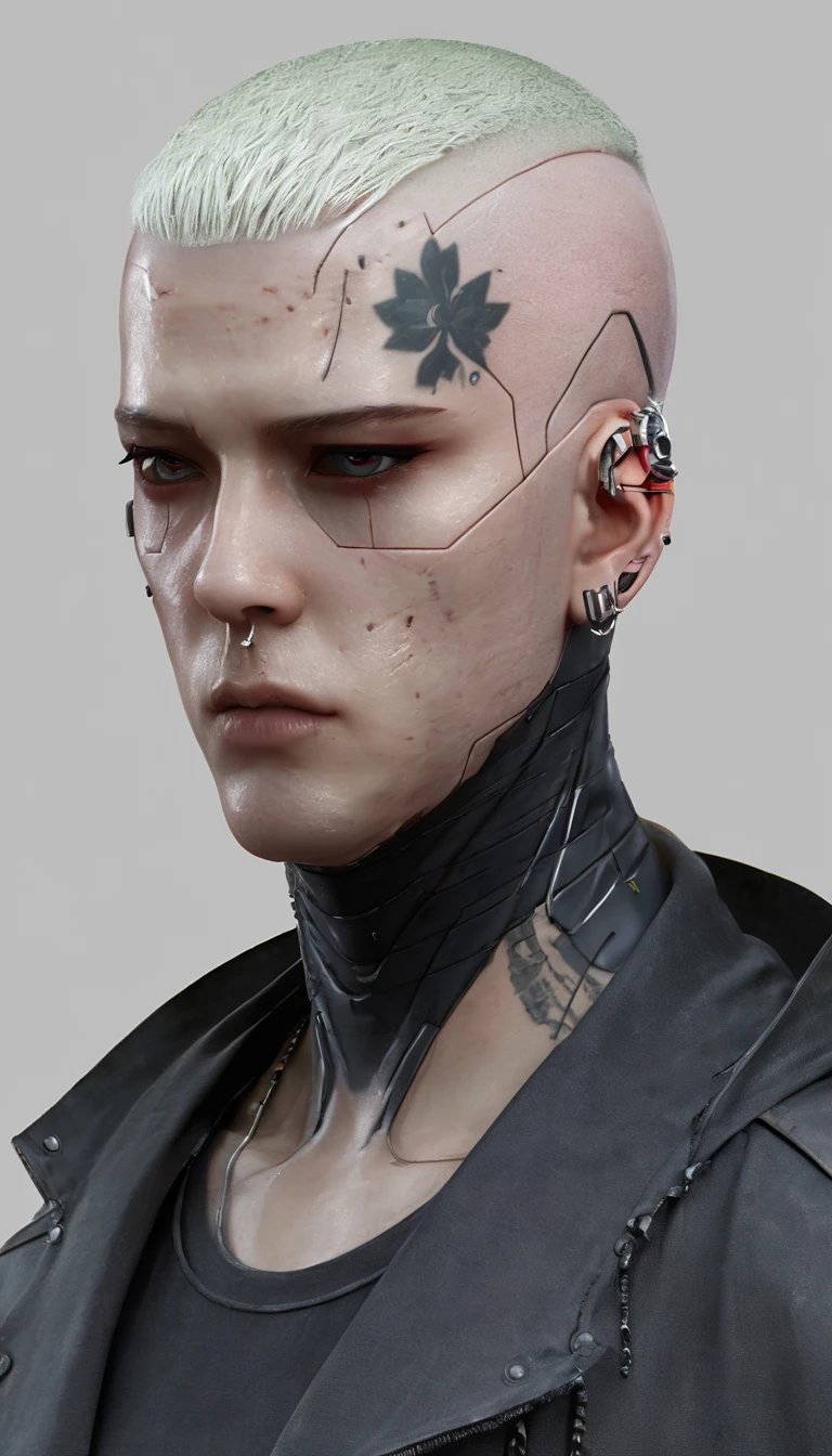 Create an albino character, he has shaved hair, HAIR STYLE LIKE A EMINEM, , just his face, FRONT VIEW FACE, FRONT VIEW FACE, CLOSE-UP FACE, from all angles, front, right side, left side, and behind, just his face, artstation, 8k, realistic, photorealistic, white background, fixed character, 3 sides in a single image, mystical post-apocalyptic cyborg, movie still of a cool cyborg, movie still of a cyborg villain, movie still of a cyborg, cyberpunk, dystopian science fiction character, film still of an alien cyborg, cyberpunk samurai,, HE HAS EASTERN FEATURES
