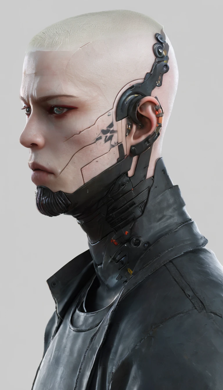 Create an albino character, he has shaved hair, HAIR STYLE LIKE A EMINEM, , just his face, FRONT VIEW FACE, FRONT VIEW FACE, CLOSE-UP FACE, from all angles, front, right side, left side, and behind, just his face, artstation, 8k, realistic, photorealistic, white background, fixed character, 3 sides in a single image, mystical post-apocalyptic cyborg, movie still of a cool cyborg, movie still of a cyborg villain, movie still of a cyborg, cyberpunk, dystopian science fiction character, film still of an alien cyborg, cyberpunk samurai,, HE HAS EASTERN FEATURES
