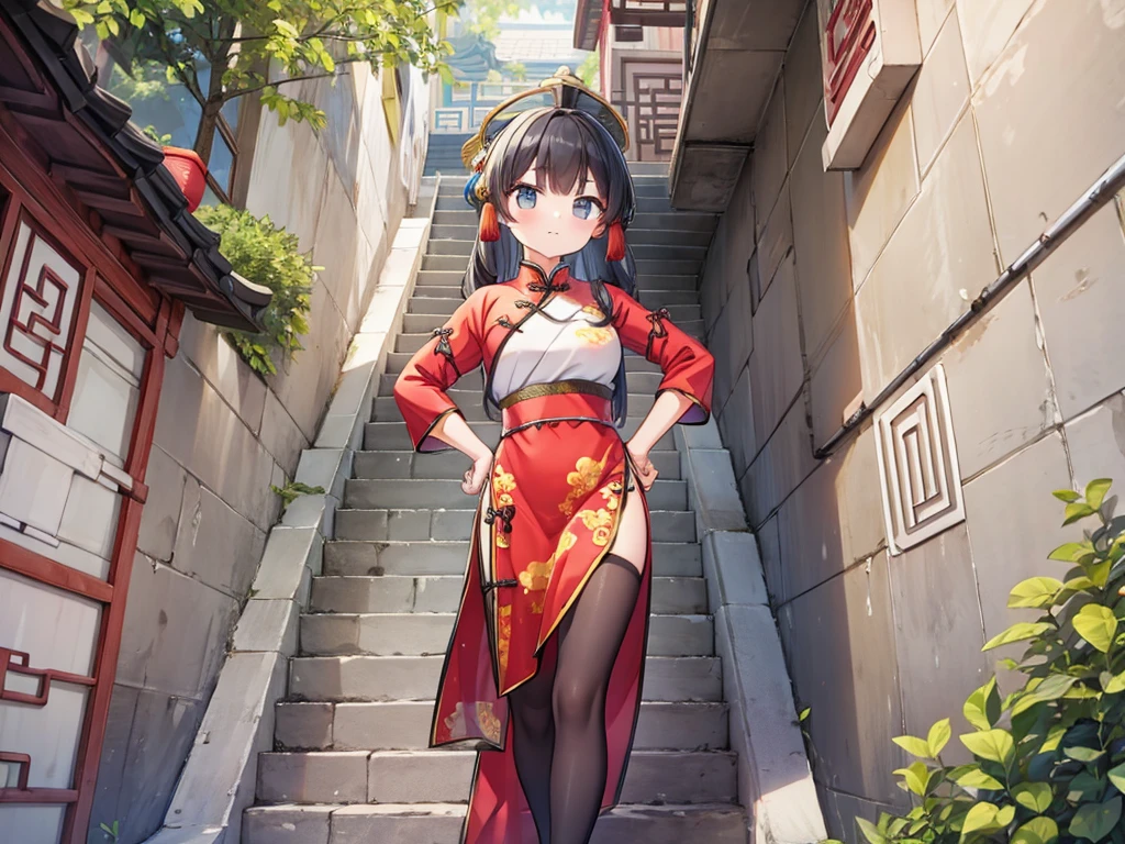 ((a cute girl in a traditional chinese clothing outfit is Climbing on some stairs:1.3) and looking down at the stairs with her hands on her hips:1.3), a cave painting, arabesque,