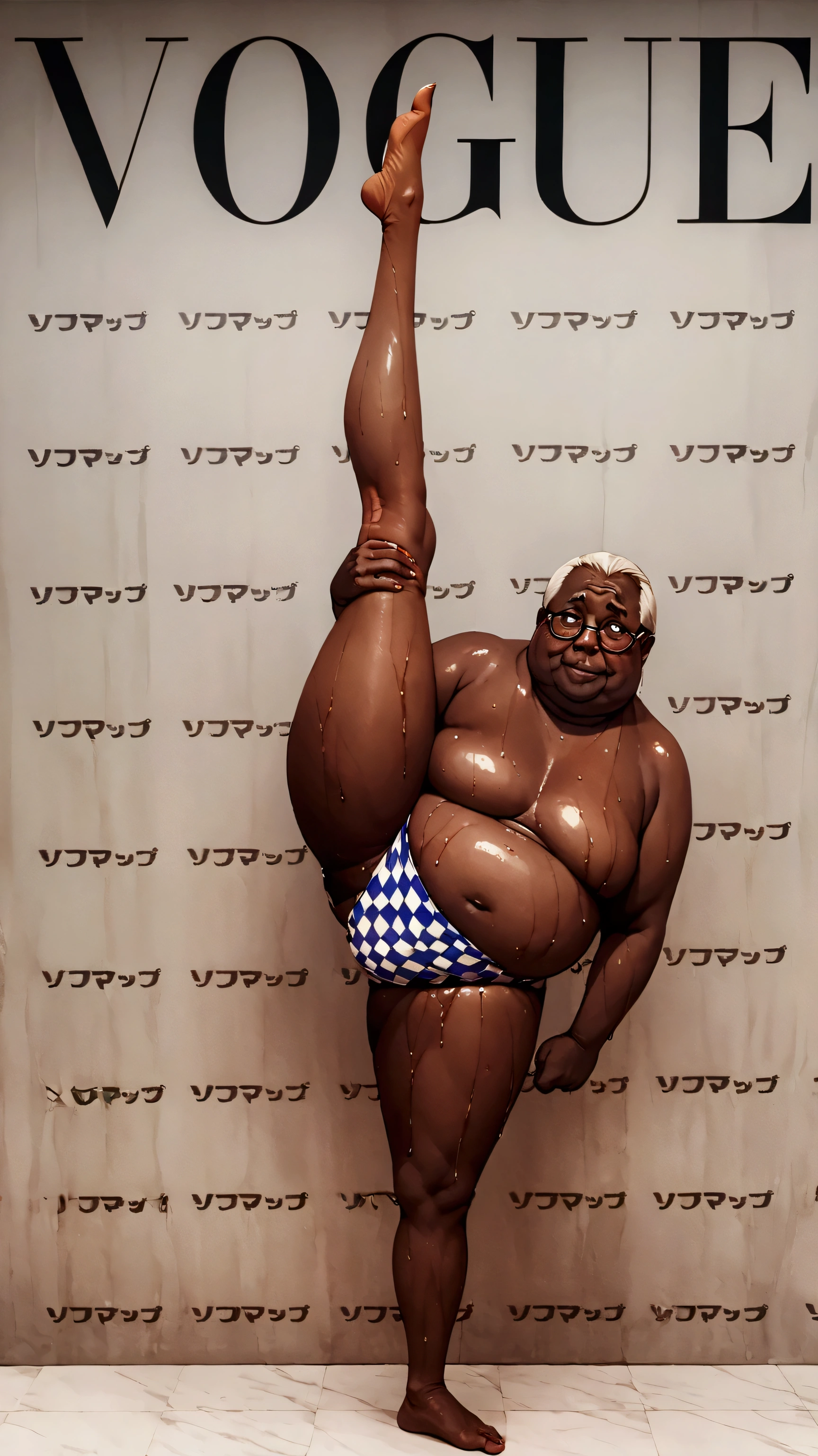 (Fat old man wearing glasses:1.3),Brown Skin,masterpiece, Highest quality, Ultra-high resolution,rich contrast,super high quality,8k,Highly detailed CG unit wallpaper,texture,Incredibly absurd,Ultra-high resolution,RAW Photos,Blue and white checked loincloth,(((Wet))),blush,1boy,reinokabe, checkered wall, english text, checkered background,topless,(look up:1.3),Serious,smile,vogue,(((Are standing_Split)))