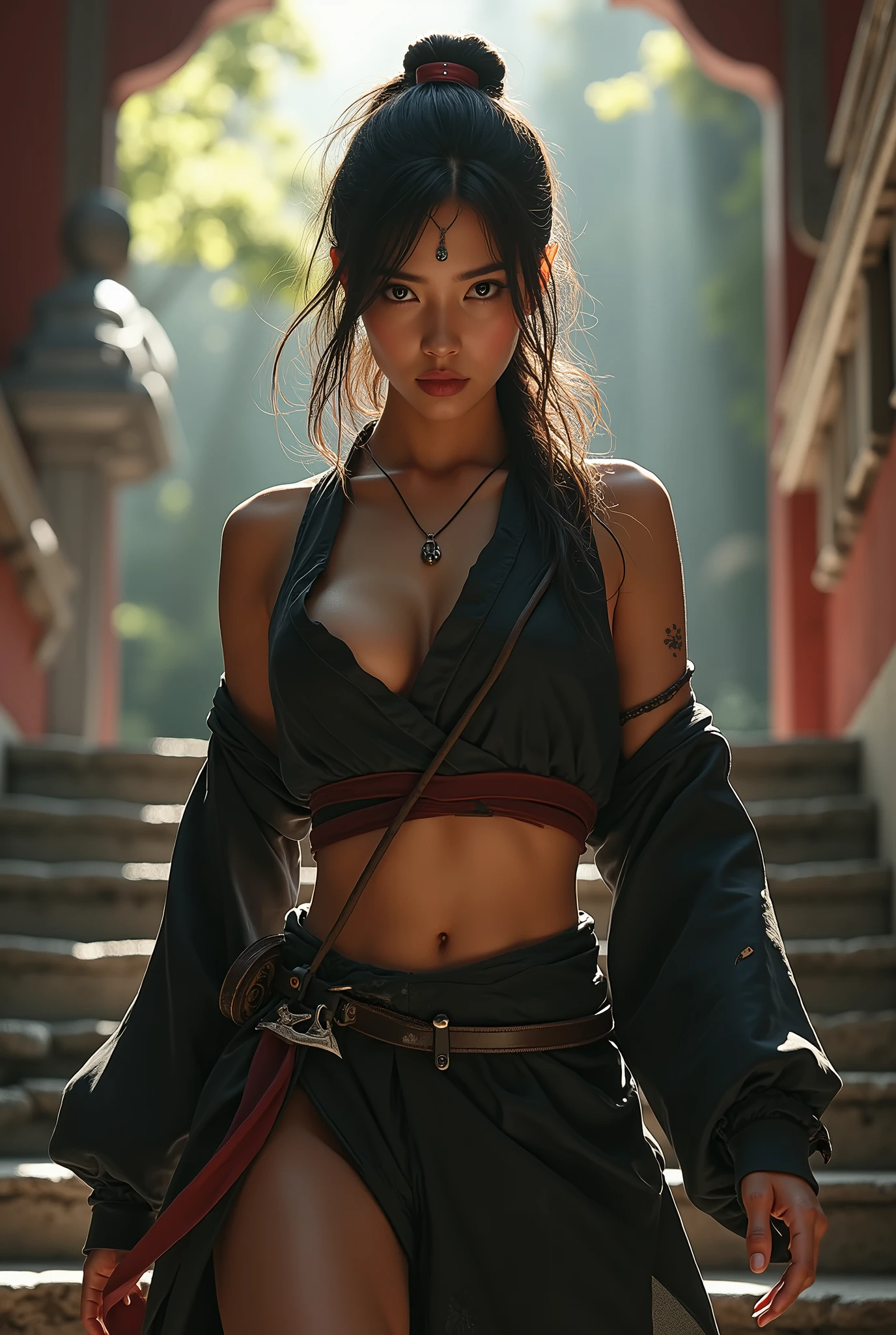 Highest quality, Realistic, Very detailed, finely, High resolution, 8k、Ninja、Tie your hair、How to put on a hairpin、Bright light、Walking up the stairs、Double teeth、A face with dimples、Beautiful clavicle、Beautiful inner thighs、Delicate eyes、Facing forward、Shuriken in the inner thigh、Torn clothes