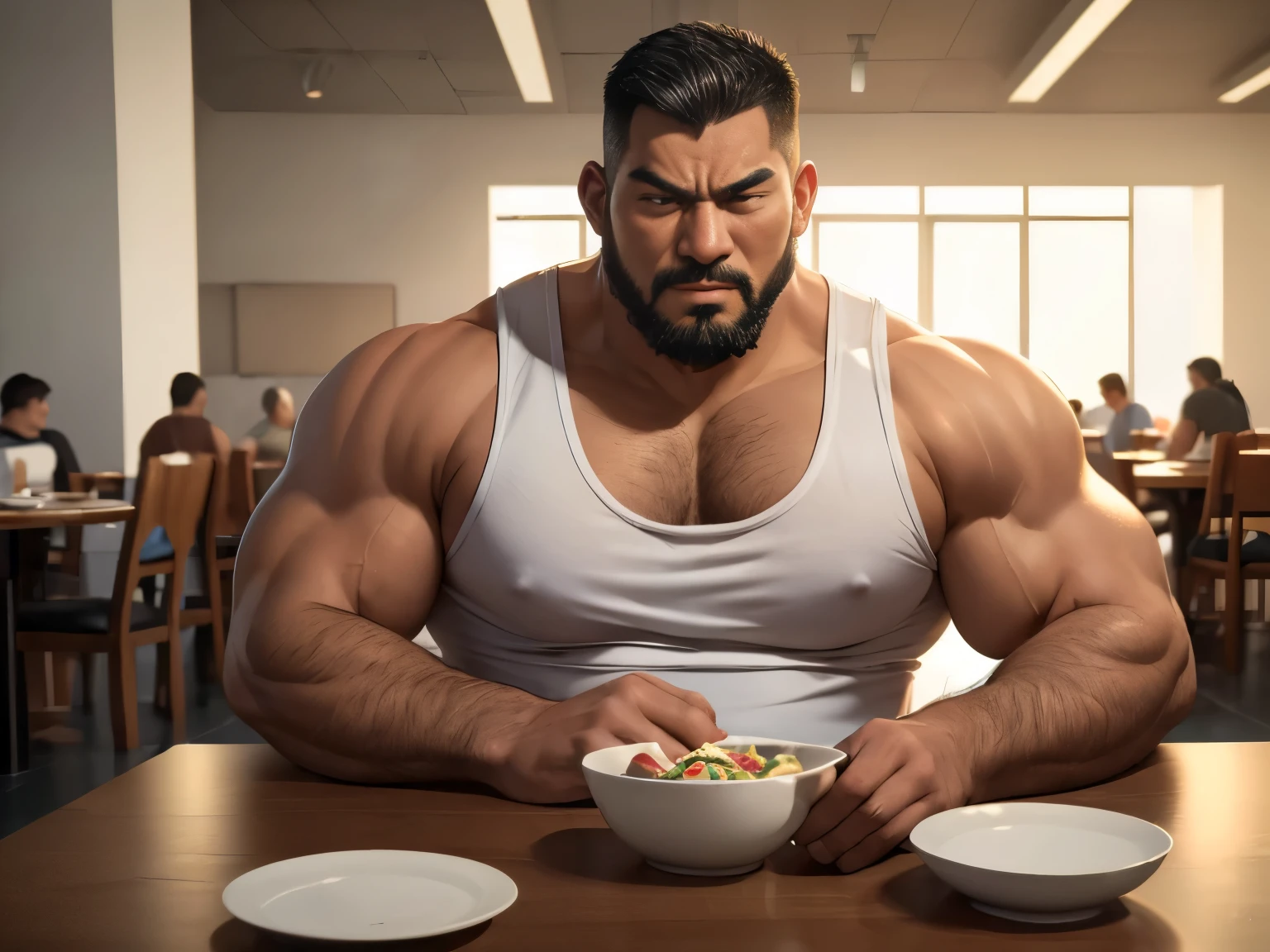 (Highest quality:1.5), (masterpiece:1.5), (8k:1.5), 1 man, (Dining Hall 1.1), 40 years old, (Asian people:1.1), (Huge body:1.2), White tank top, black crew cut, Short Beard, Angry expression, Sitting in a chair, Arms crossed, close-up face,