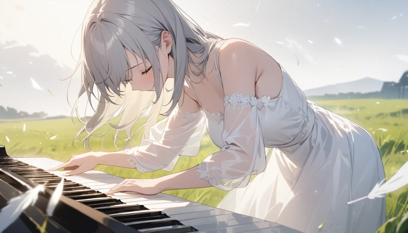 (A girl playing a white translucent grand piano)、Gray Hair、close your eyes、White Dress、A refreshing grassland、White feathers are scattering、Masterpiece、Medium Shot、