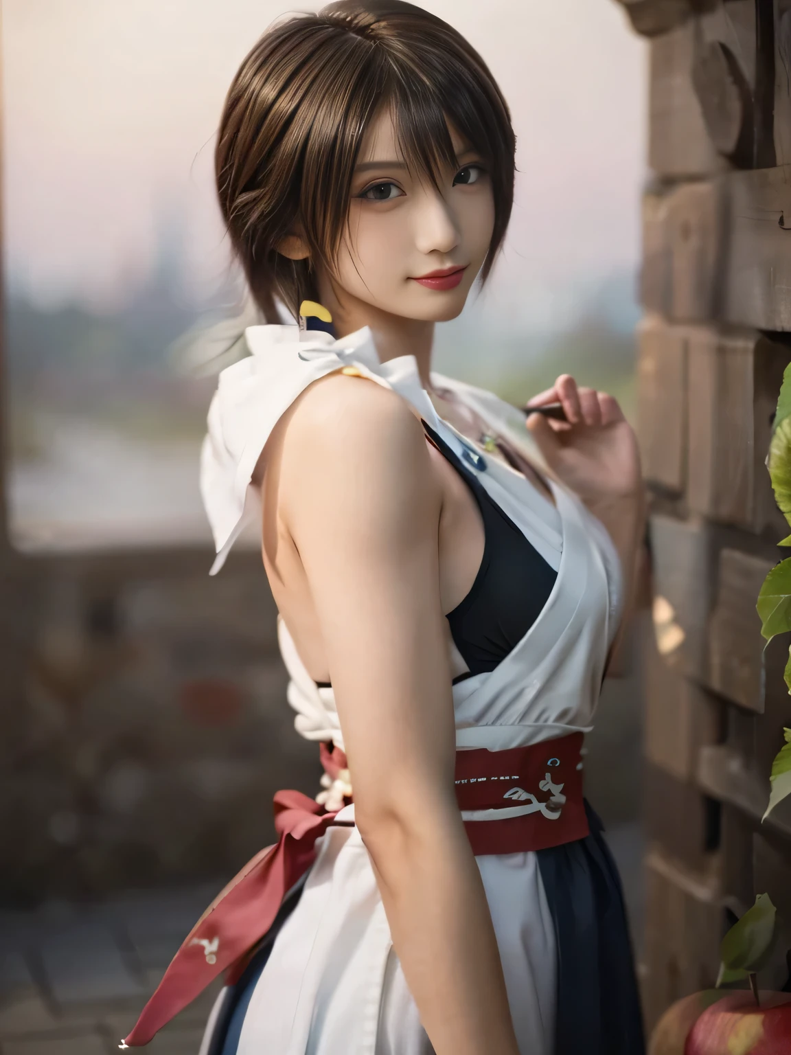 20 year old Japanese beauty，One woman、Muscular body like a bodybuilder、Emphasize the breasts、Slit eyes、A head-to-toe view，Bust is very very large、The background is a medieval European kitchen、High quality photos、Clear, crisp images of the lower body、Masterpiece 8k、Smiling、He is peeling an apple with a knife.、From the front, from the side, from the back, etc.々from what camera angle to shoot、FF10 Yuna's outfit、