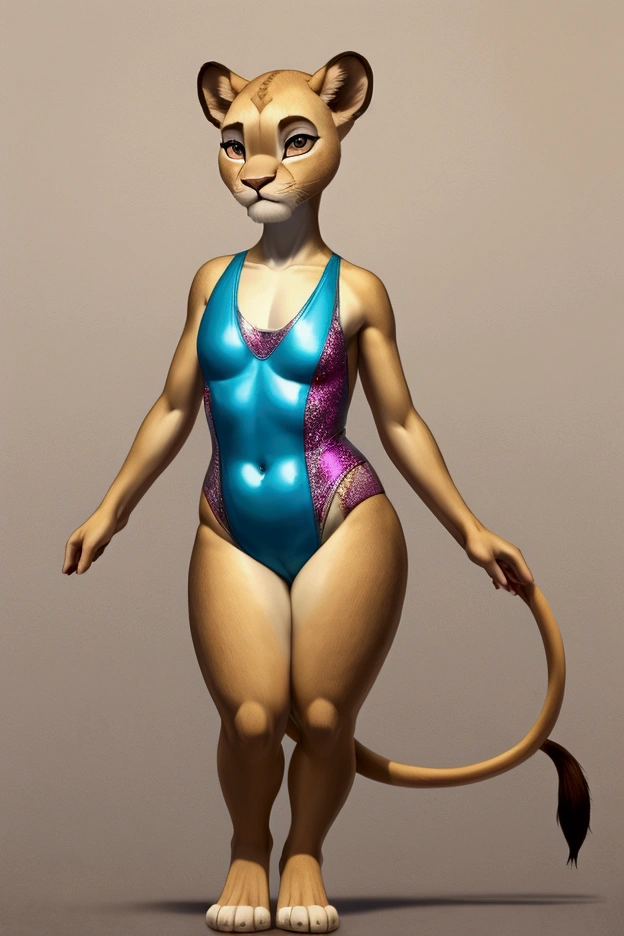 Little slim female lioness with nice big thighs and wearing a full body swimsuit and she is .