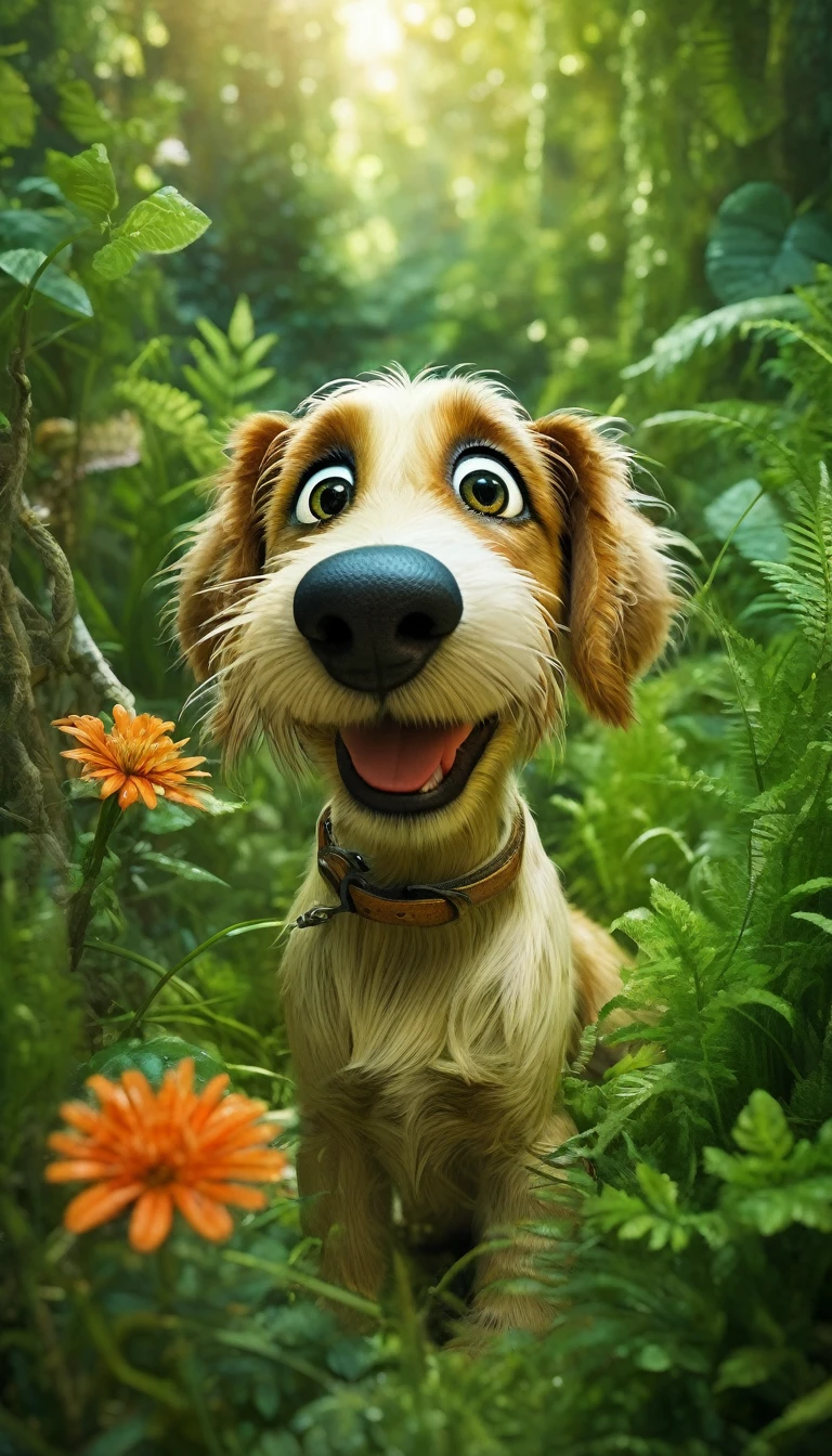 Masterpiece, great composition, puppy's face just poking out of dense foliage, no limbs visible, fresh green, pleasant, soothing, beautiful details and colors.