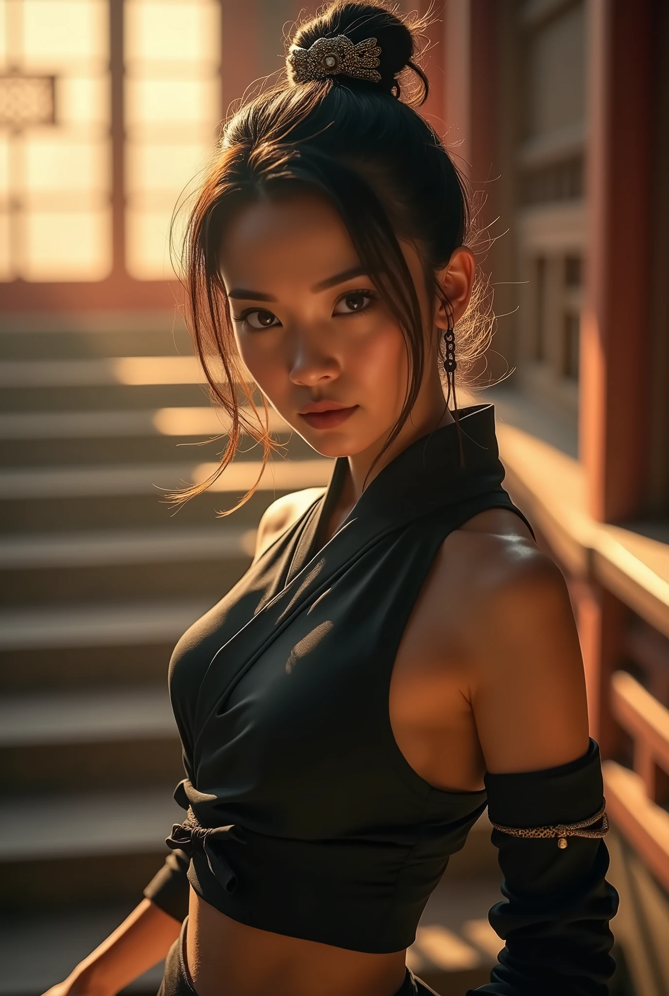 Highest quality, Realistic, Very detailed, finely, High resolution, 8k、Ninja、Tie your hair、How to put on a hairpin、Bright light、Walking up the stairs、Double teeth、A face with dimples、Beautiful clavicle、Beautiful inner thighs、Delicate eyes、Facing forward