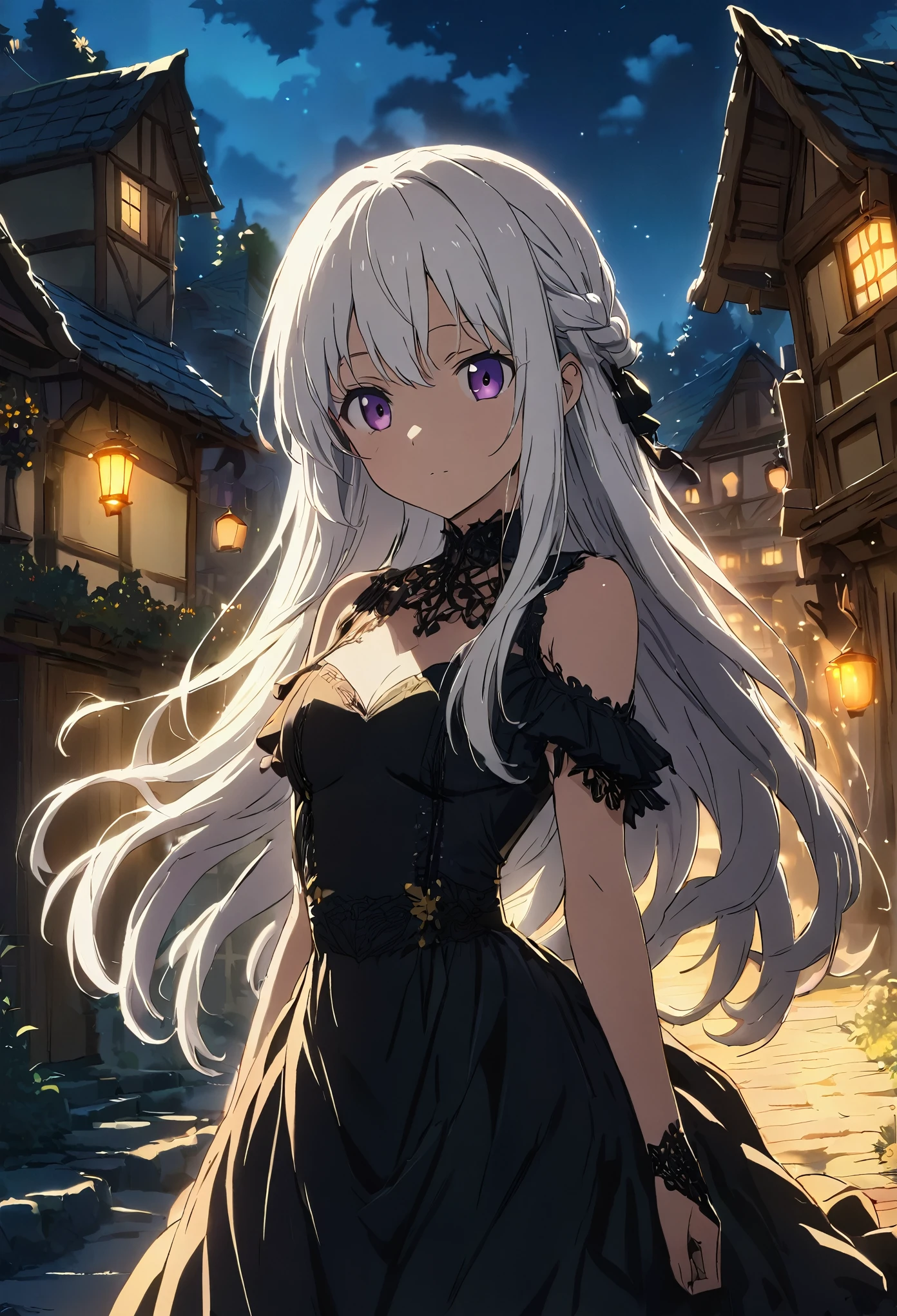 ((beautiful girl)), black dress covered, white hair, long hair, night, village, anime, detailed lighting, UHD, edge lighting