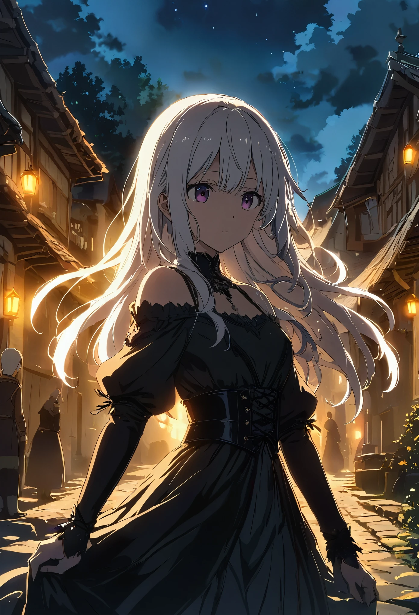 ((beautiful girl)), black dress covered, white hair, long hair, night, village, anime, detailed lighting, UHD, edge lighting 