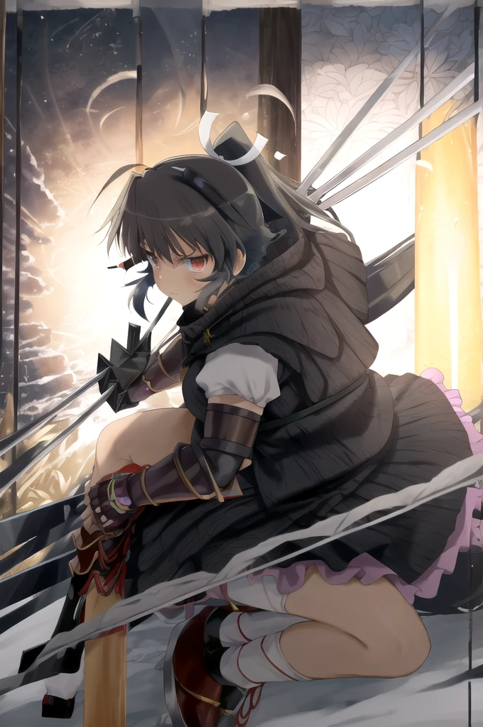 Homura(Senran Kagura), Homura has tanned skin and her dark brown hair is tied in a long ponytail with a white ribbon, the ends of the ribbon standing straight up. She wears a short black dress that looks similar to her old Hebijo uniform, and covers it with a small, light grey jacket, with samurai leg armor on each side. Around her neck is a long black cape with white trim. At the surface of her appearance, Homura has a rather cool demeanor to her upon interaction. She can be calm until a present situation calls for her to get serious. She's not one for conversation as she believes that actions speak louder than words. She also follows the ideal from her former sensei, Rin, that silence is a shinobi's best weapon. Homura is a playable character from the Senran Kagura videogame series. She makes her debut in Senran Kagura: Portrait of Girls. Homura has tanned skin and her dark brown hair is tied in a long ponytail with a white ribbon, the ends of the ribbon standing straight up. She dons the usual Hebijo uniform, which is an all black sailor fuku with red trim. Like Asuka, she wears wrist guards on her forearms with bandages underneath. She wears white loose socks with brown dress shoes. In addition to six katana which she wields at the same time, she carries a nodachi known as Engetsuka on her back. At the surface of her appearance, Homura has a rather cool demeanor to her upon interaction. Body and Physique:
Homura has a well-defined, athletic build that reflects her ninja training. Her body is lean and toned, with prominent muscle definition in her arms and legs, indicating her strength and agility. Her waist is narrow, leading to a more pronounced hourglass figure, which is accentuated by the design of her outfit. Her posture is often upright and confident, embodying the discipline and skill of a seasoned warrior. Despite her sleek and agile appearance, she maintains a strong and resilient physique, essential for her role in battle. NSFW NSFW NSFW HENTAI HENTAI