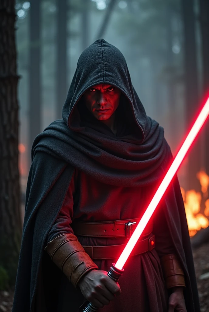 (masterpiece:1.2), (best quality:1.2), 8k, HDR, ultra detailed, ((photorealistic)), professional light, cinematic lighting, fashion photography, ambient lighting, background, a dark forest, Darkness, epiCPhoto, fire, forest fire, A thief in cloth armor, holding a red light saber. A very sinister aura.