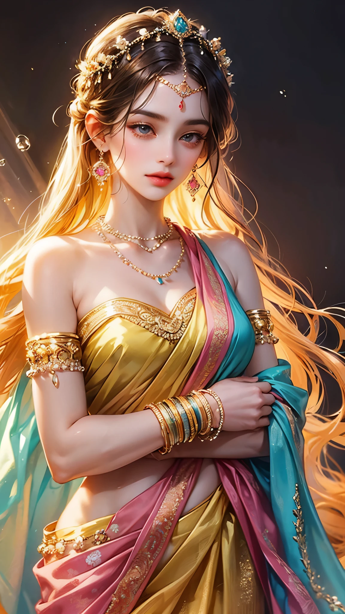 Goddess, very beautiful, animated style, closeup shot, anime in a yellow and pink combination indian saree, long black wavy hair untied, head jewellery, head clips, head chains, head tiara, necklace, long and beautiful earings, armlets, bangles and bracelets, rings, pleasant expression, bright big black eyes, holding a flower, natural beauty, vibrant colors, dreamy, northern light, pink bubble, romantic, soft lighting, vintage aesthetic