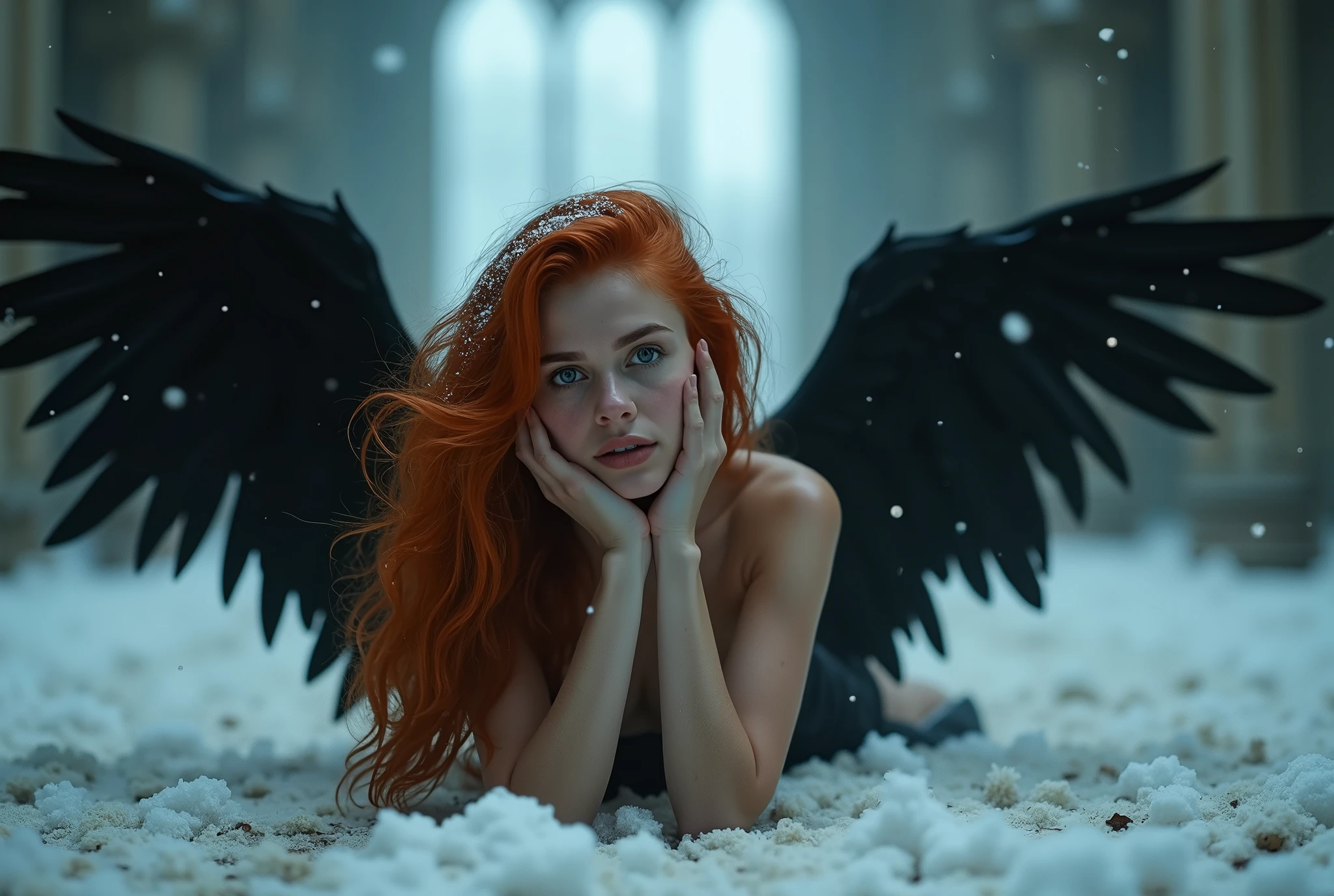 ( ginger hair woman,23 years old with stunning gothic black archangel wings in fire:1.6), (naked, nude:1.8), (Without clothes:1.8),(long, messy hair, hair floating in the wind:1.6), blue eyes, detailed eyes, detailed lips, (lies nude, sensual, full body:1.5), (photo from low angles:1.5), (creepy and scary gothic church, abandoned with fog and fog, snow:1.3), low neck, ray tracing, (best quality, 4k, 8k, high resolution, masterpiece:1.2), very detailed, (realistic , photorealistic, photorealistic :1.37), HDR, UHD, masterpiece, professional, vivid colors, bokeh, studio lighting