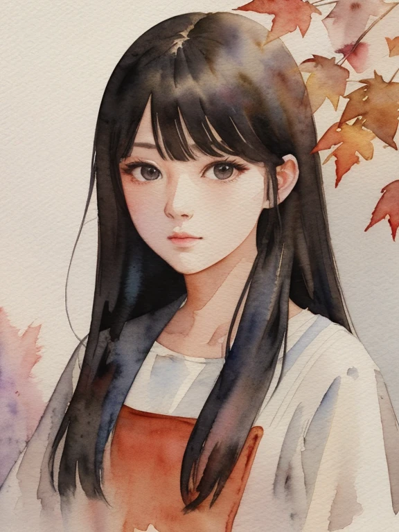 Make an image look like autumn、(masterpiece)、(Highest quality:1.1)、Best illustrations、(watercolor:1.4)、 1 person,Upper Body、Portraiture、Long Hair、black eye、Look straight here、Excellent、blouse、Beautiful Face